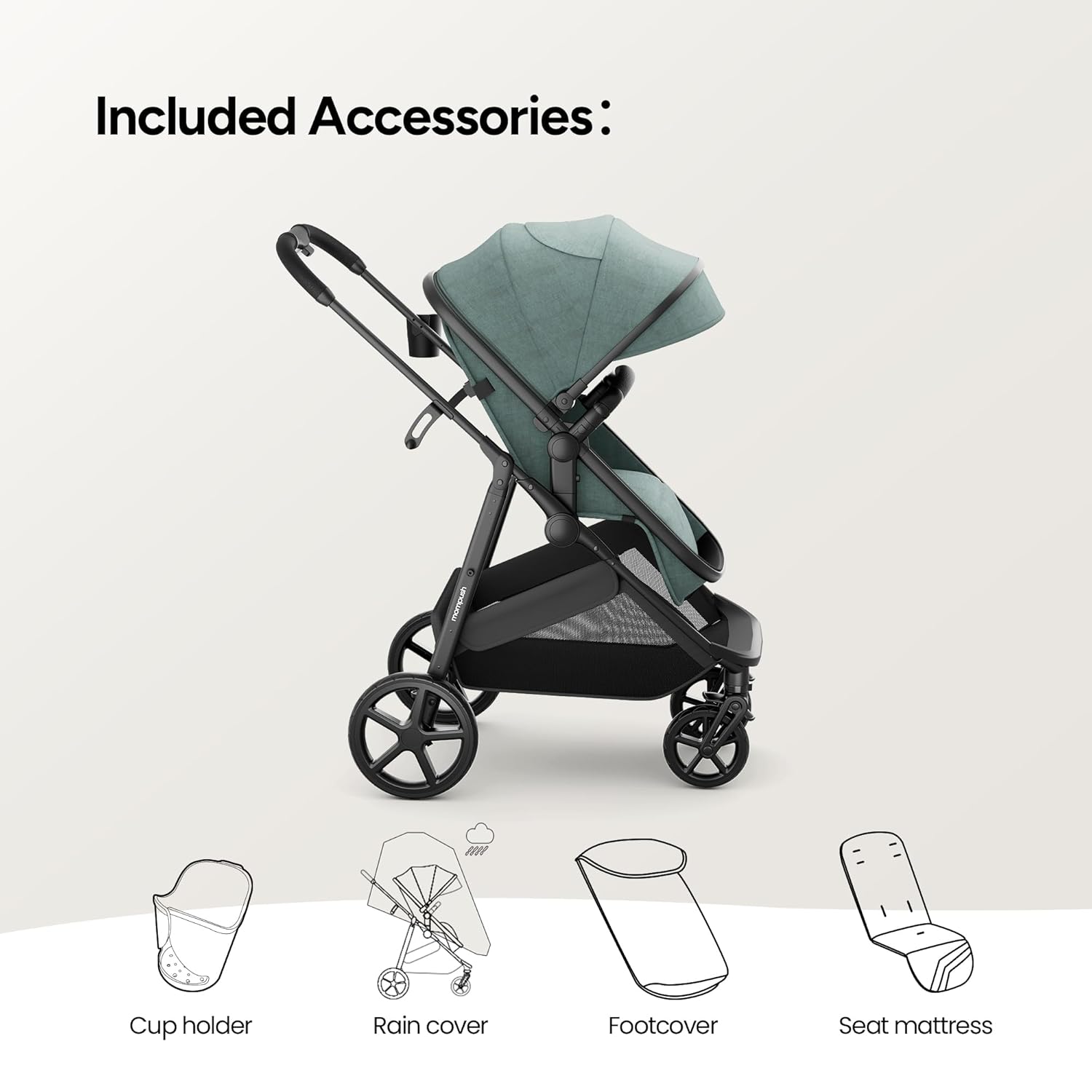 Shows the additional accessories included with the stroller purchase, highlighting the value and completeness of the package.