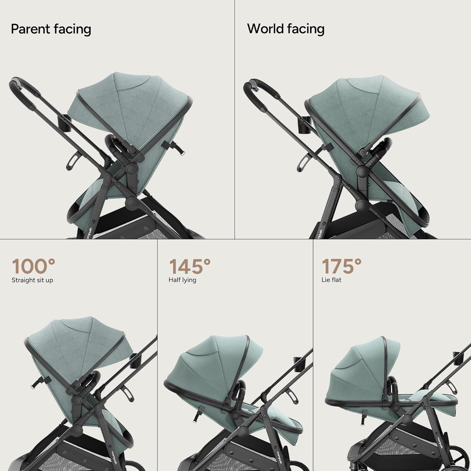 Demonstrates the stroller's versatility with reversible seating options and multiple recline positions for baby's comfort.