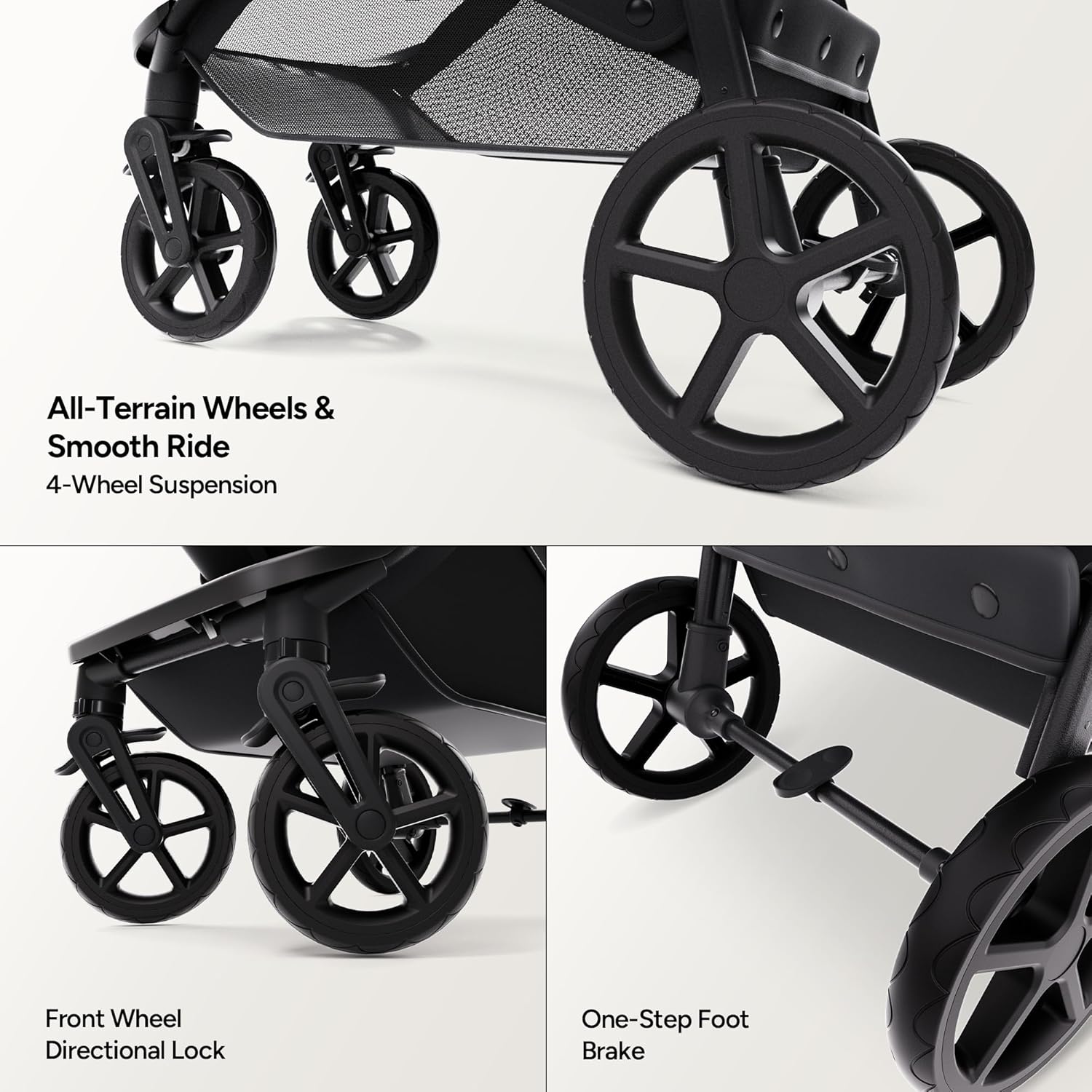 Highlights the stroller's advanced wheel system for improved maneuverability and comfort on various surfaces.