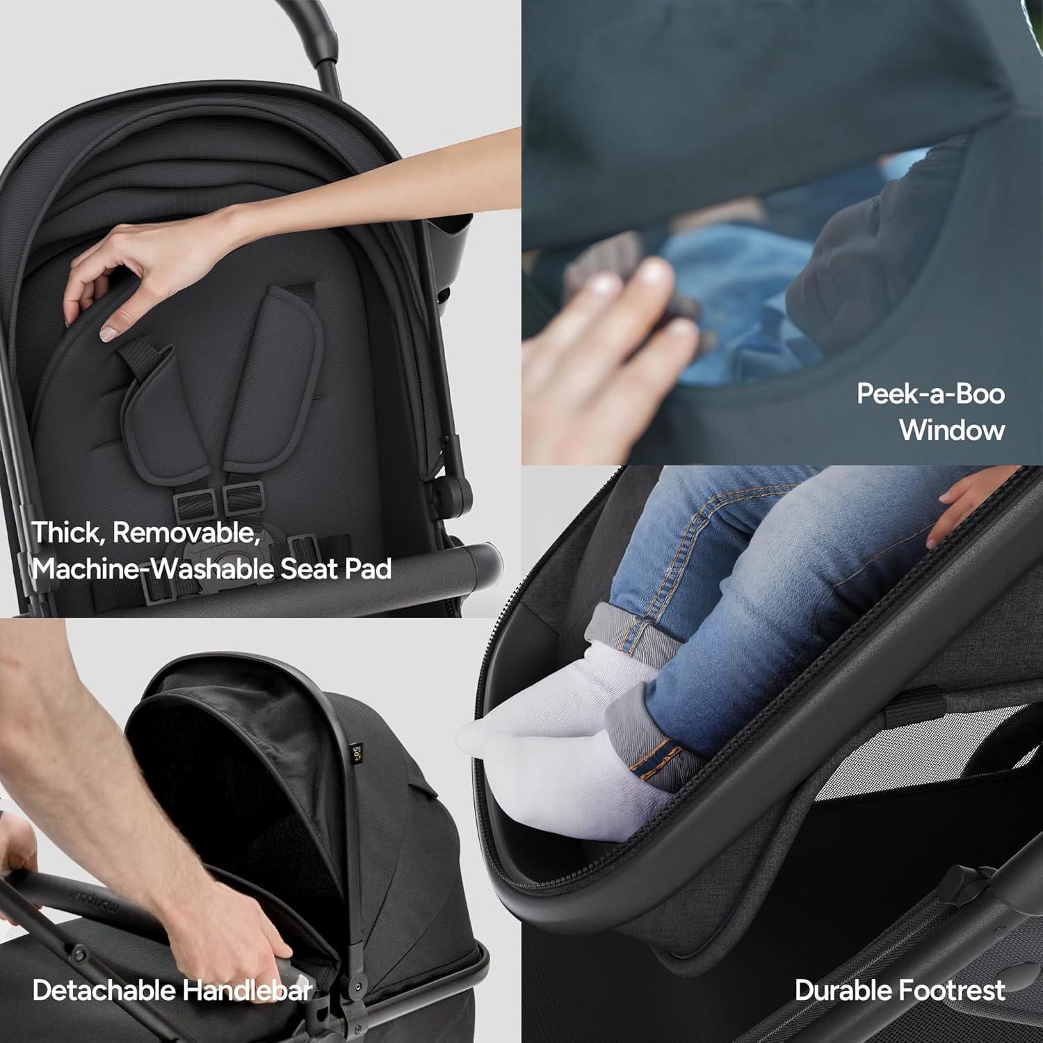 Highlights multiple comfort and convenience features of the stroller to demonstrate its versatility and quality construction.