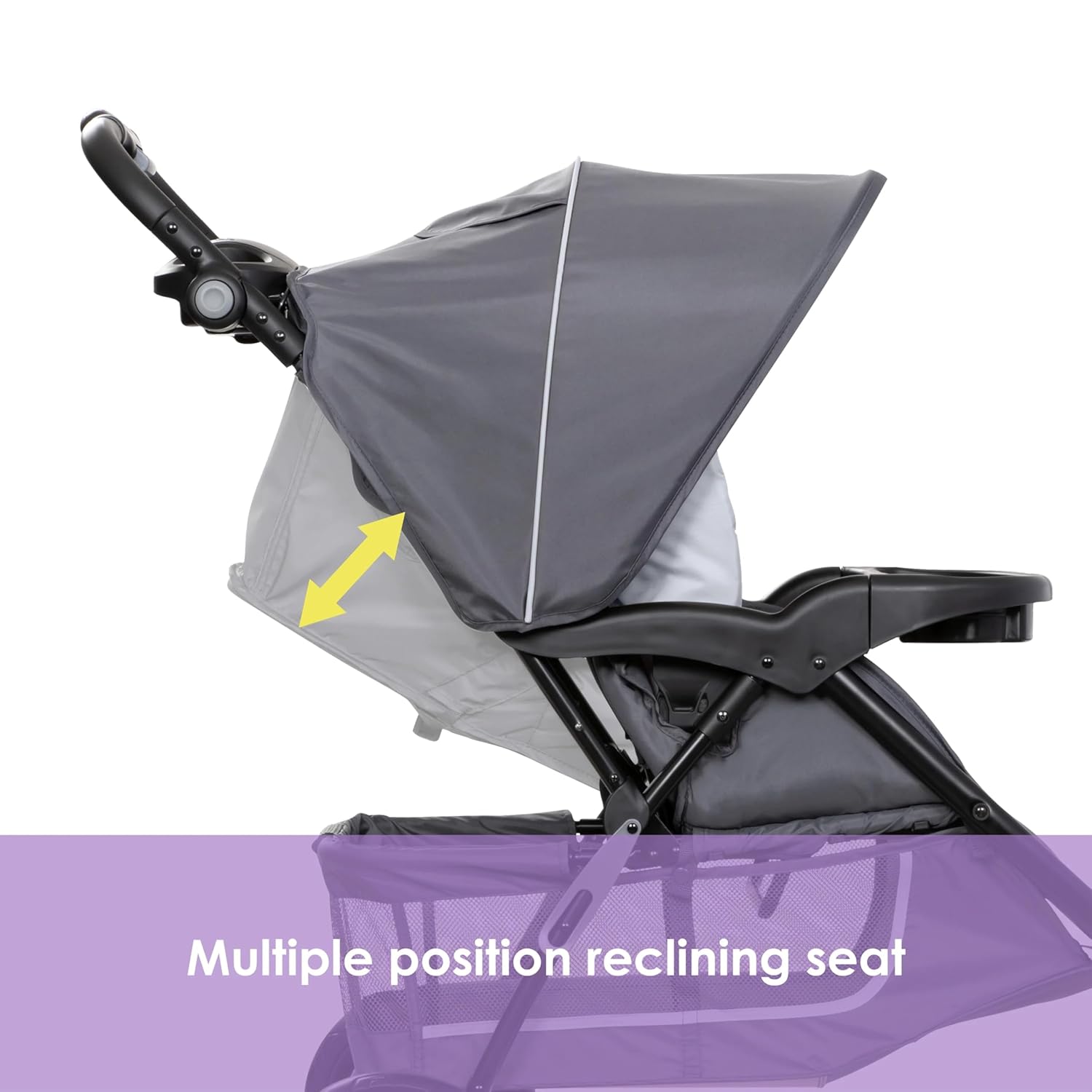 Highlights the stroller's adjustable reclining seat feature, demonstrating comfort and versatility for the child.