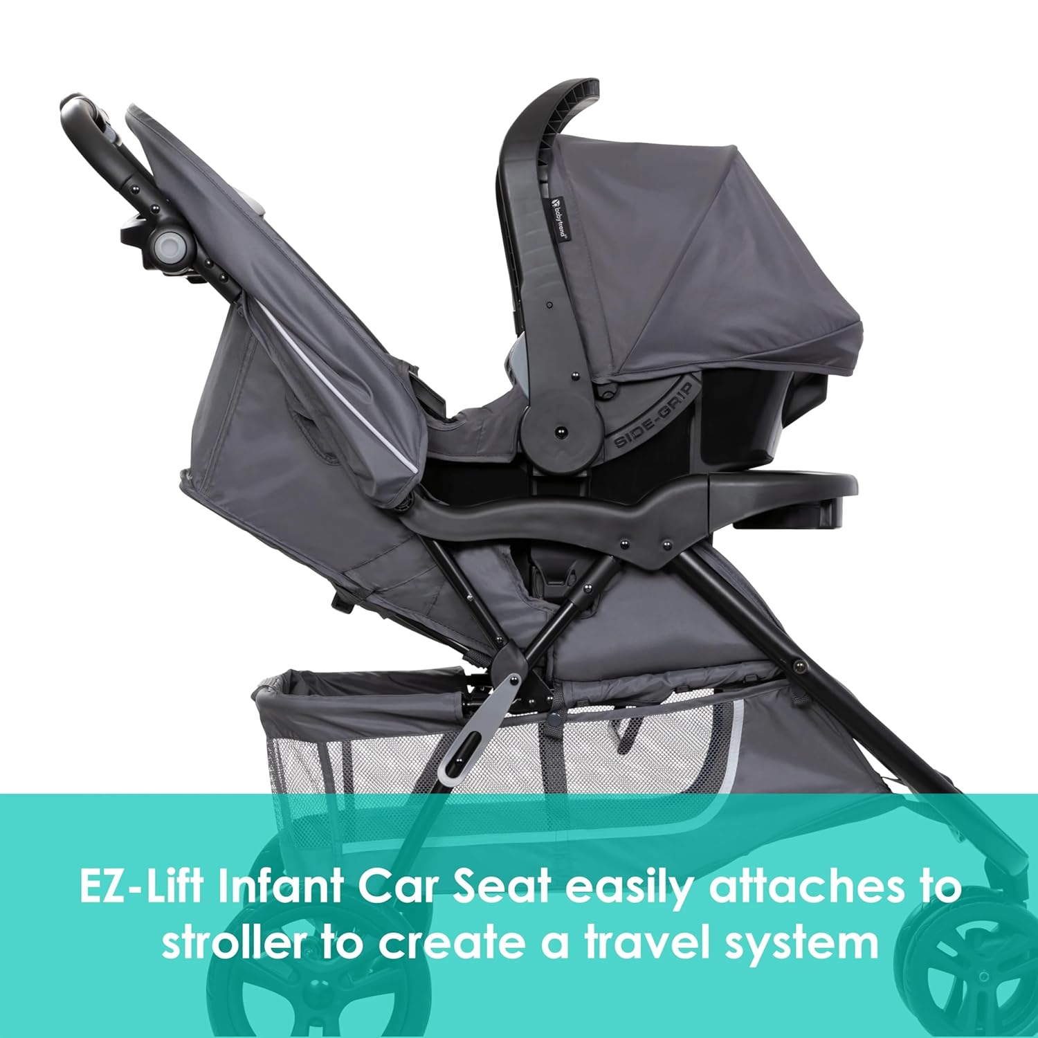 Demonstrates how the infant car seat easily attaches to the stroller to create a travel system, simplifying the transition from car to stroller for parents.
