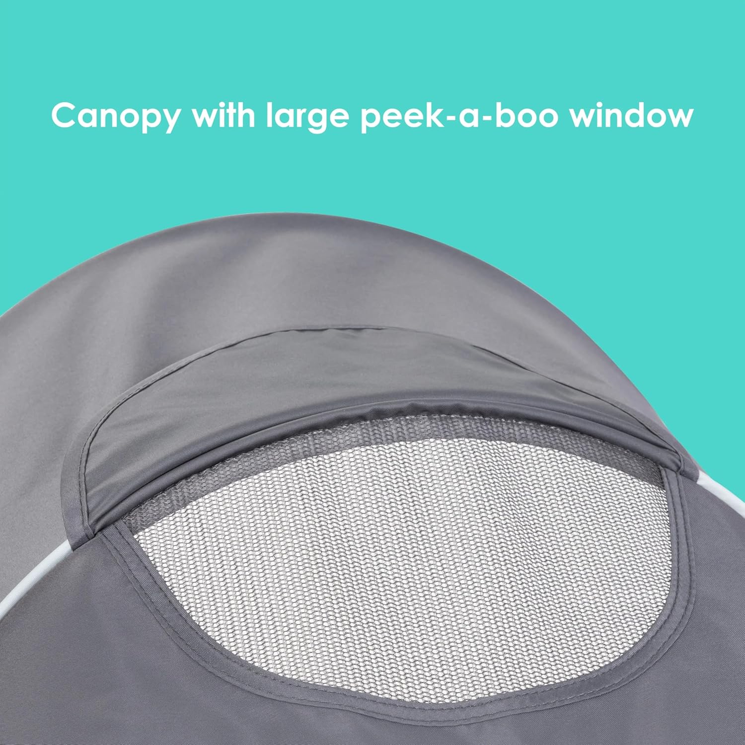 Highlights the canopy's large peek-a-boo window feature, allowing parents to easily check on their child.