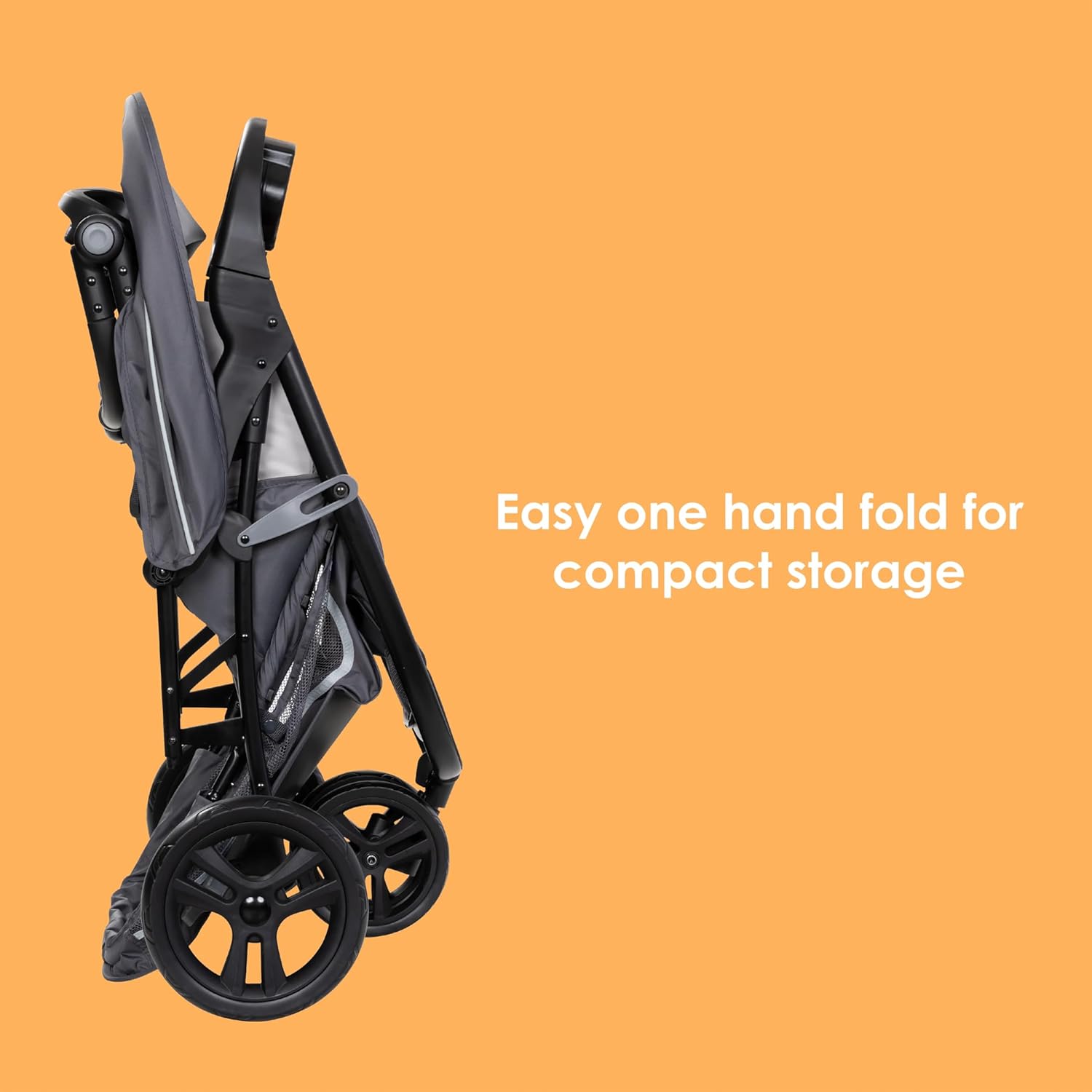 Highlights the stroller's easy one-hand folding feature for compact storage, emphasizing convenience for parents.