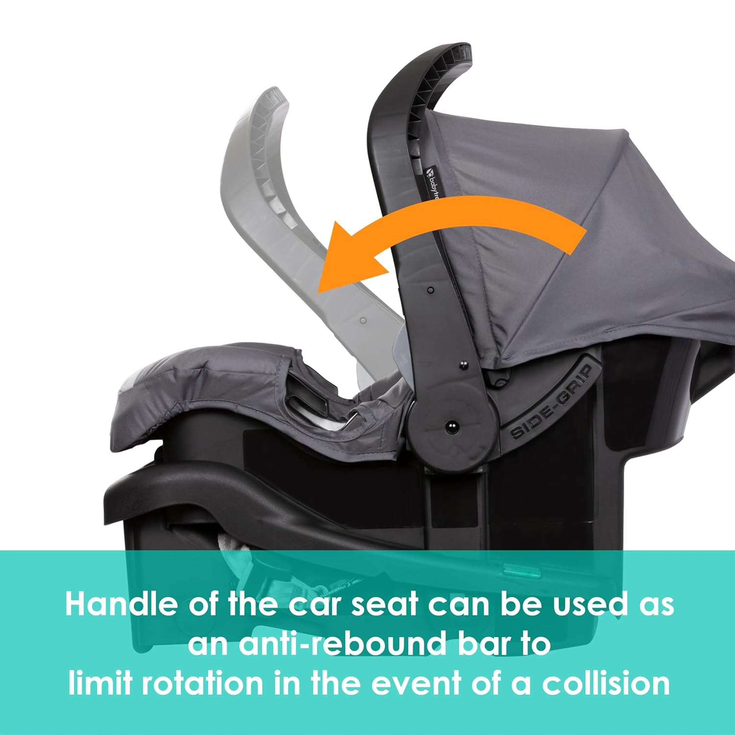 Highlights the car seat's handle functioning as an anti-rebound bar to enhance safety in collisions.
