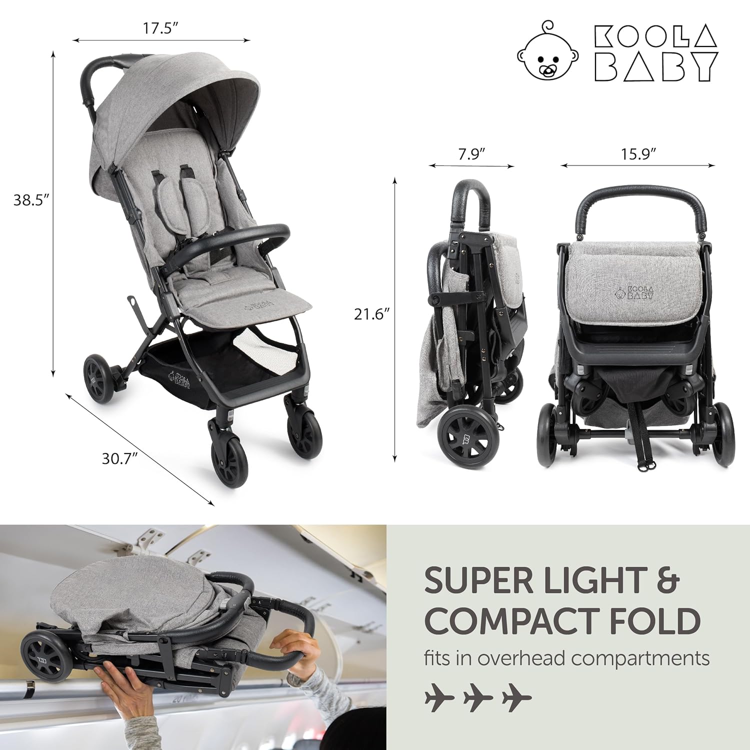 Demonstrates the stroller's compact size when unfolded and folded, highlighting its portability and storage convenience. Shows that the stroller is suitable for air travel by fitting in overhead…