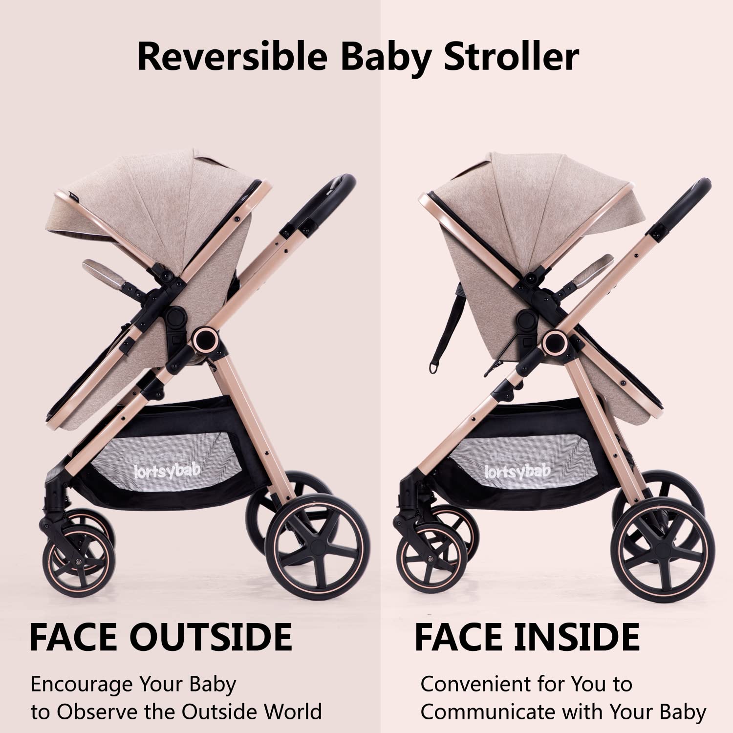 Demonstrates the stroller's ability to face the baby both outward and inward, highlighting its versatility and convenience for different parenting needs.