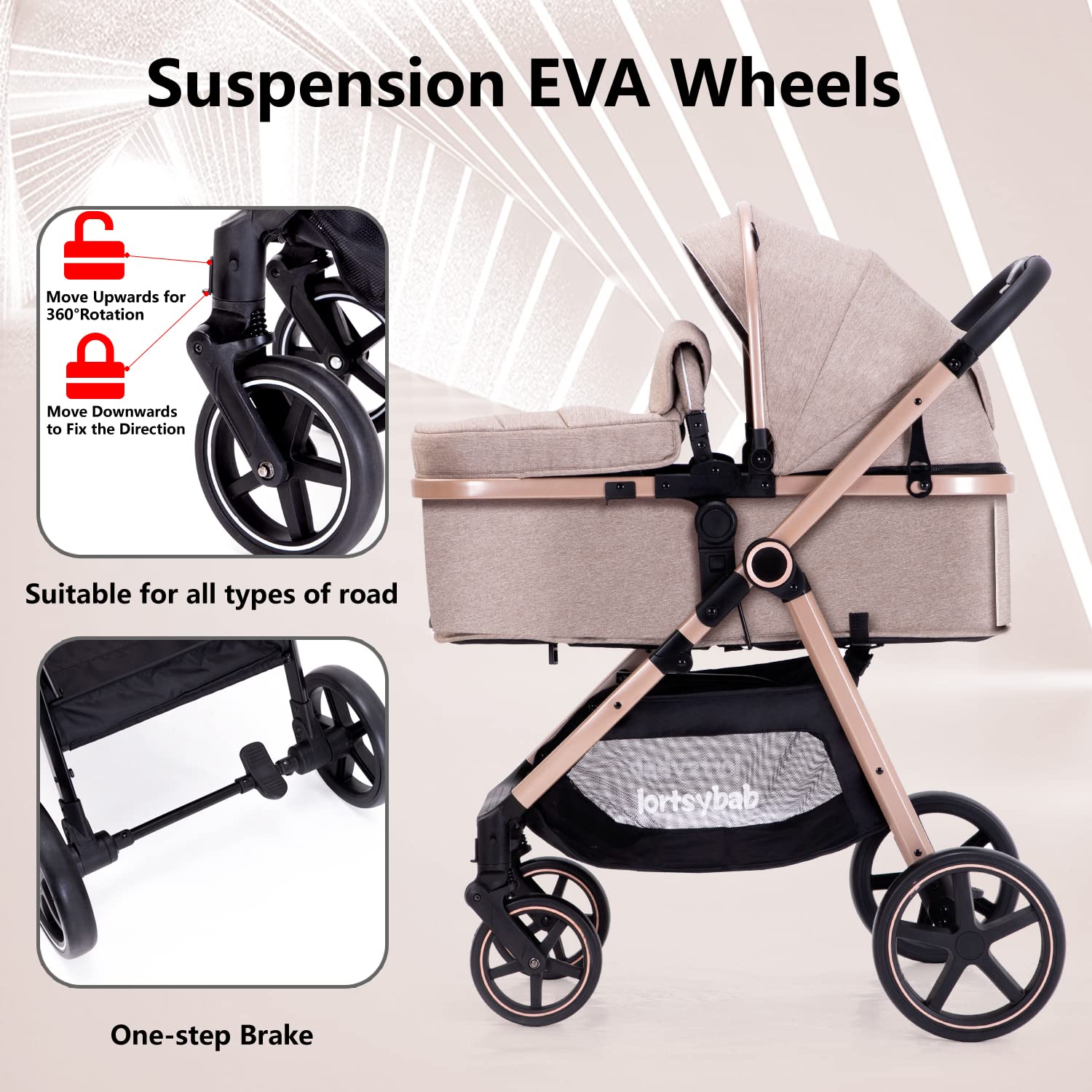 Highlights multiple key features of the stroller to demonstrate its versatility and ease of use for parents.