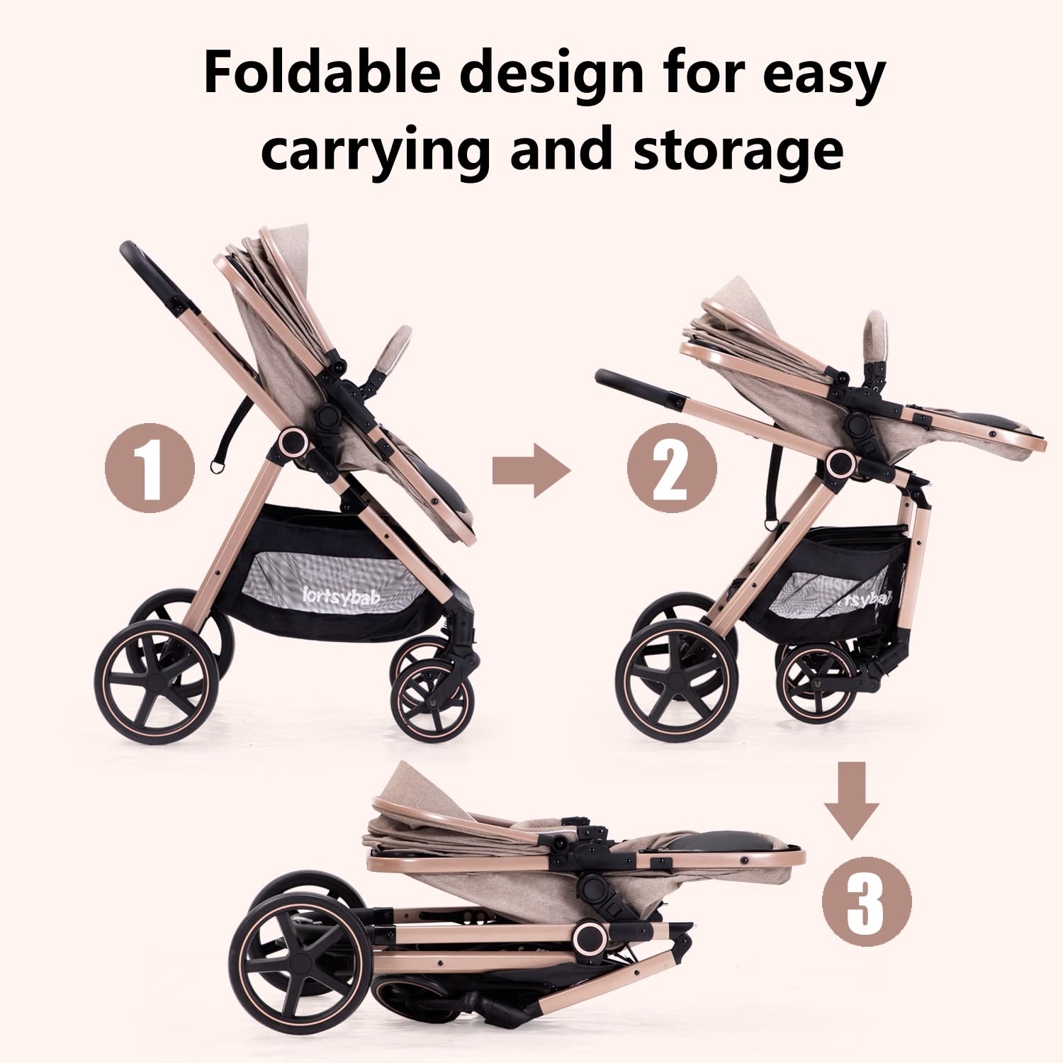 Demonstrates the easy folding process of the stroller for convenient carrying and storage.