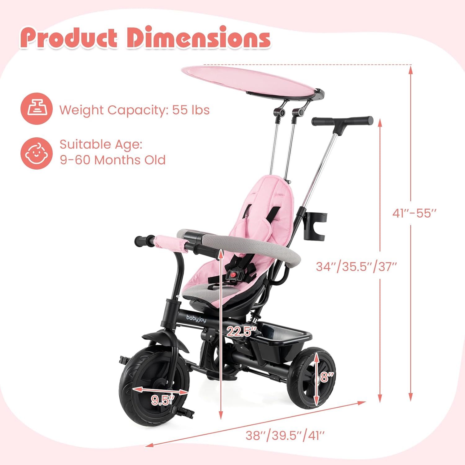 Provides detailed dimensions and specifications of the tricycle to help shoppers understand its size, weight capacity, and suitable age range for children.