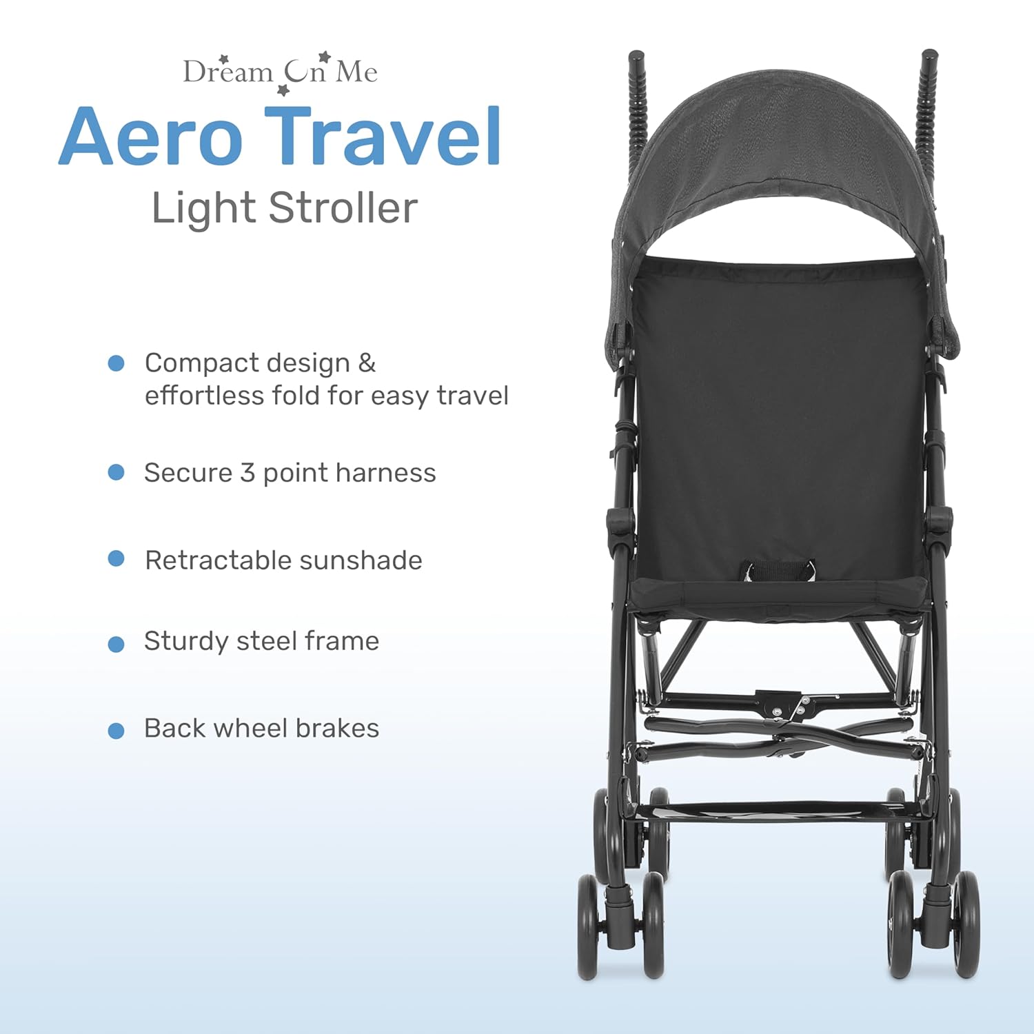 Highlights multiple key features of the stroller to showcase its suitability for travel and ease of use for parents.