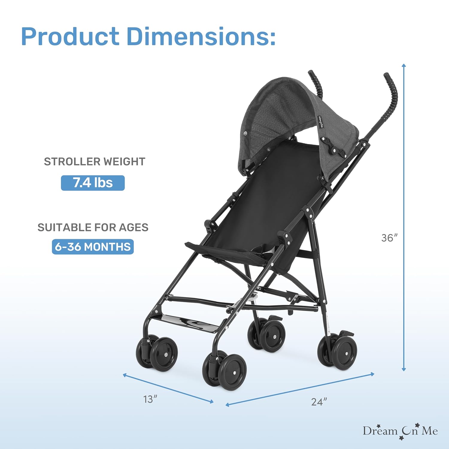 Provides exact dimensions and weight of the stroller to help shoppers understand its size and portability. Communicates key metrics about the stroller's weight and suitable age range to help…
