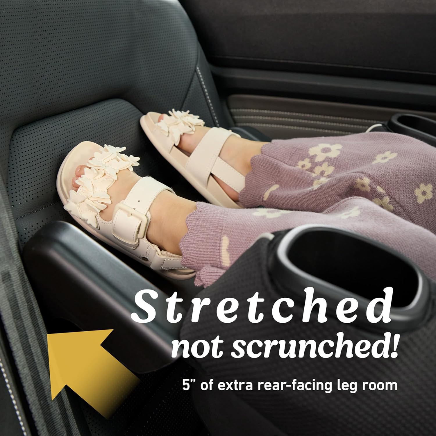 Highlights the additional rear-facing leg room in the vehicle, emphasizing comfort for passengers.