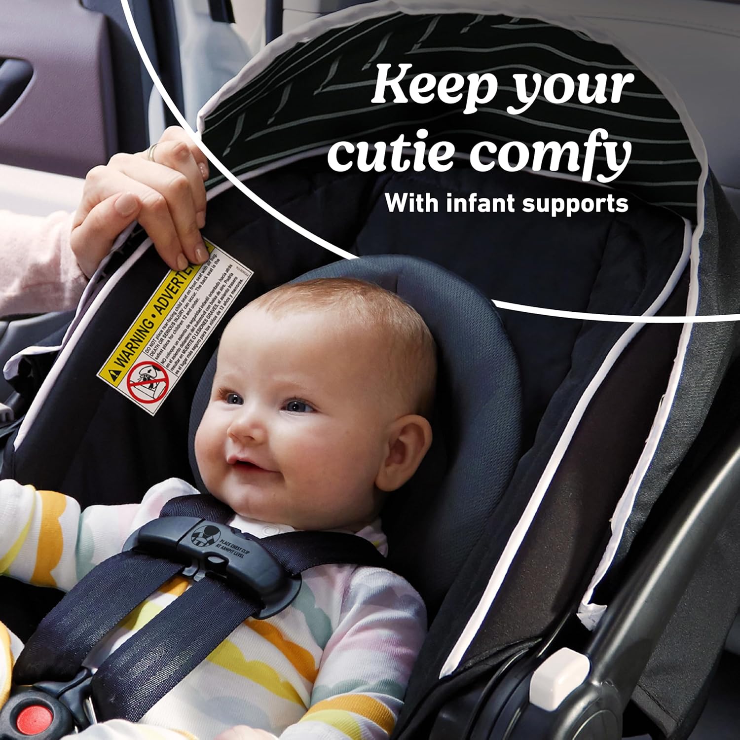 Highlights the product's infant support feature to reassure parents about their baby's comfort and safety in the car seat.