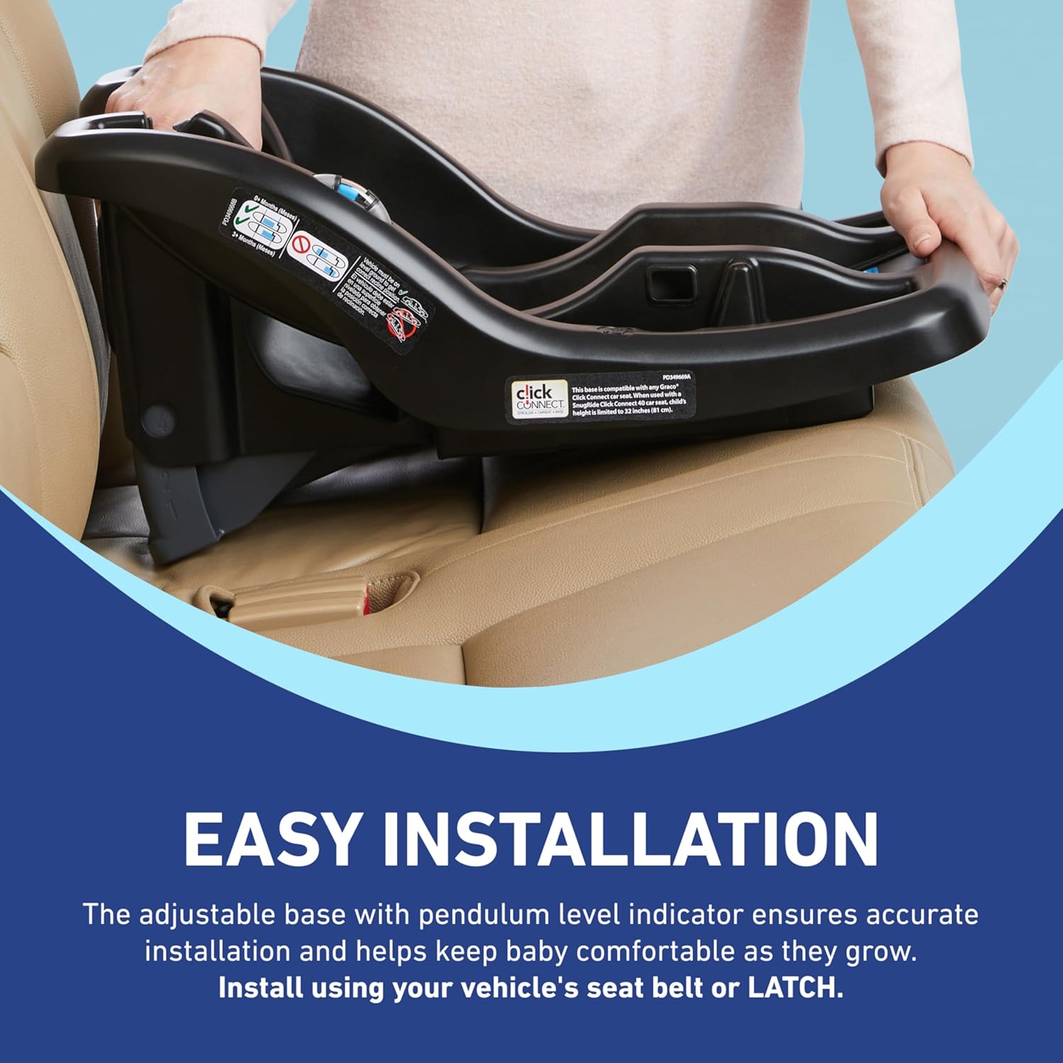 Demonstrates the simple process of installing the car seat base, emphasizing its adjustability and compatibility with vehicle seat belts or LATCH system.