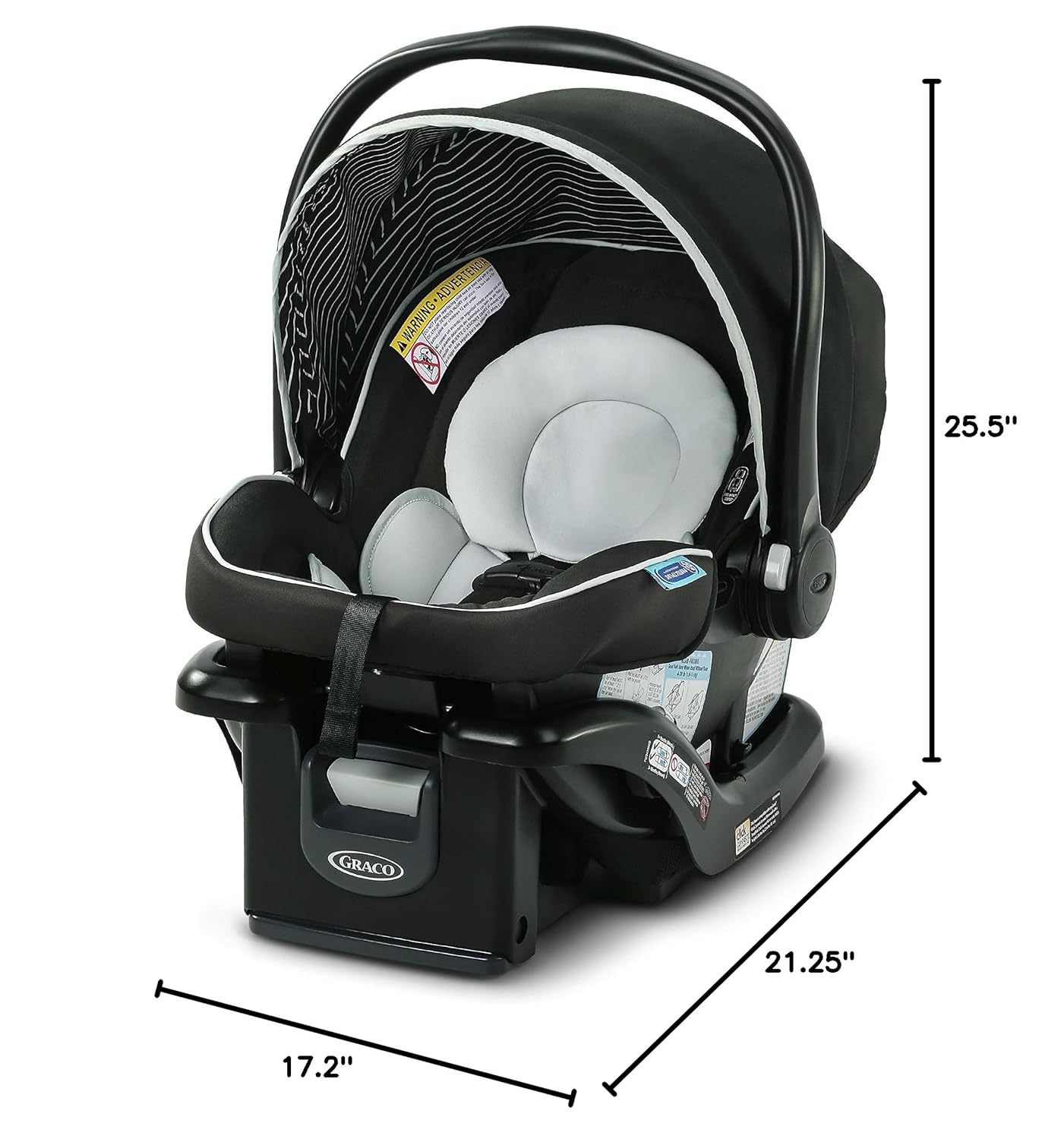 Provides exact measurements of the car seat to help shoppers understand its size and fit.