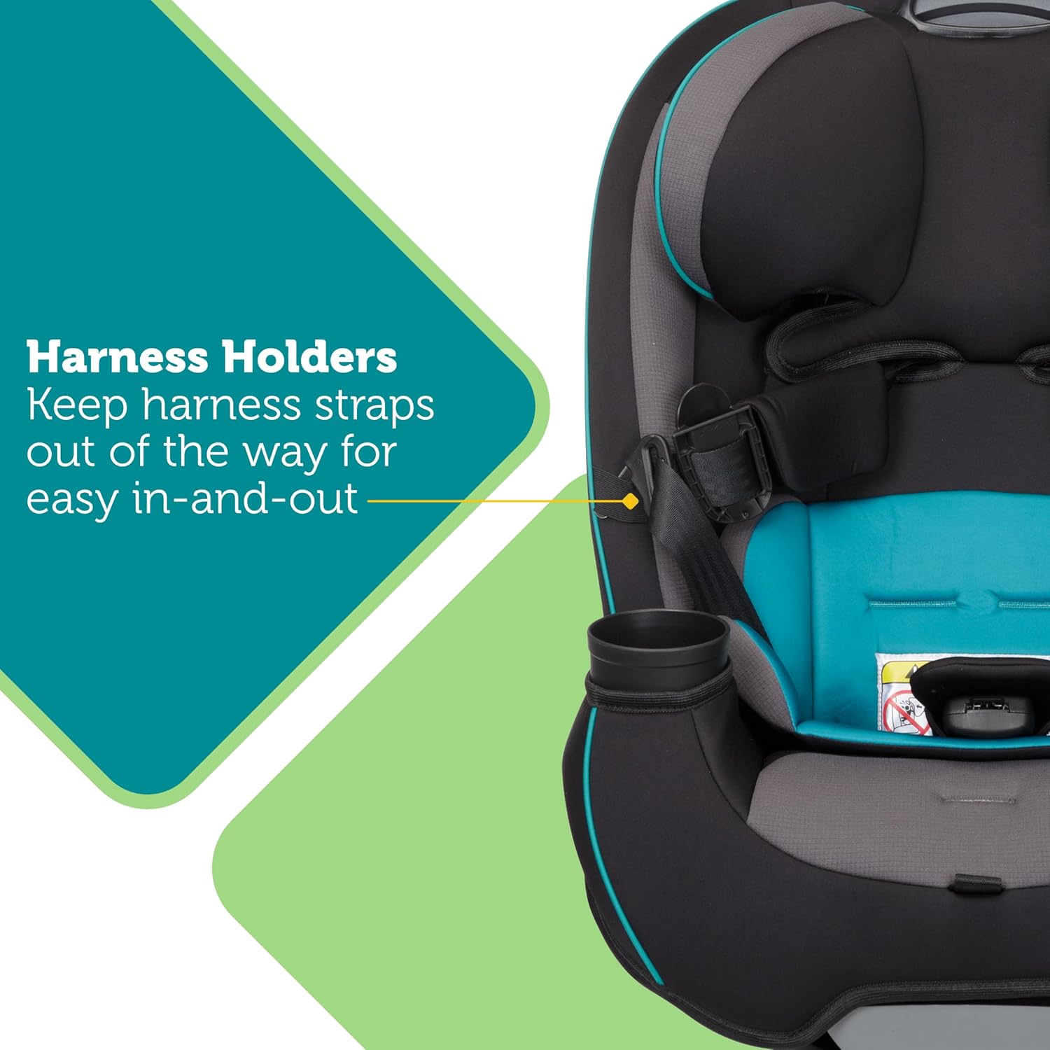 Highlights the harness holders feature that keeps straps out of the way, making it easier to place the child in and out of the car seat.