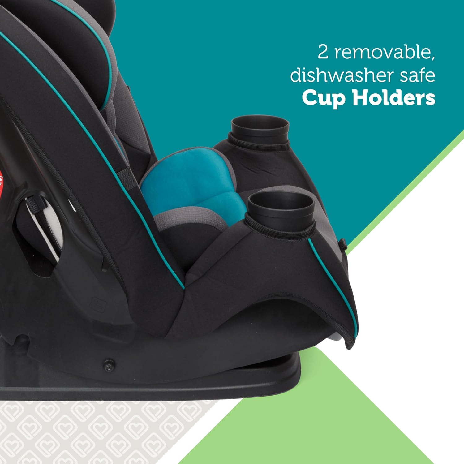 Highlights the convenience of two removable, dishwasher-safe cup holders in the car seat, emphasizing ease of use and cleaning for parents.