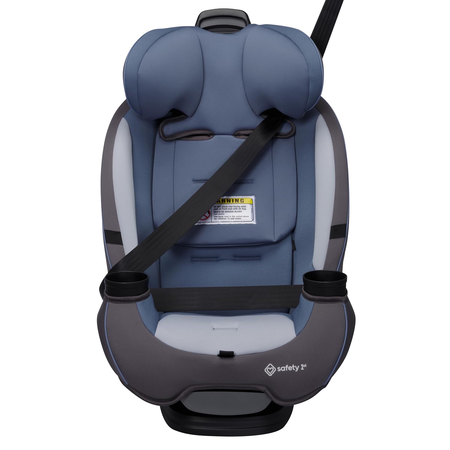 Highlights the car seat's safety features, including the 5-point harness and prominent warning label, to reassure parents about child safety during travel.