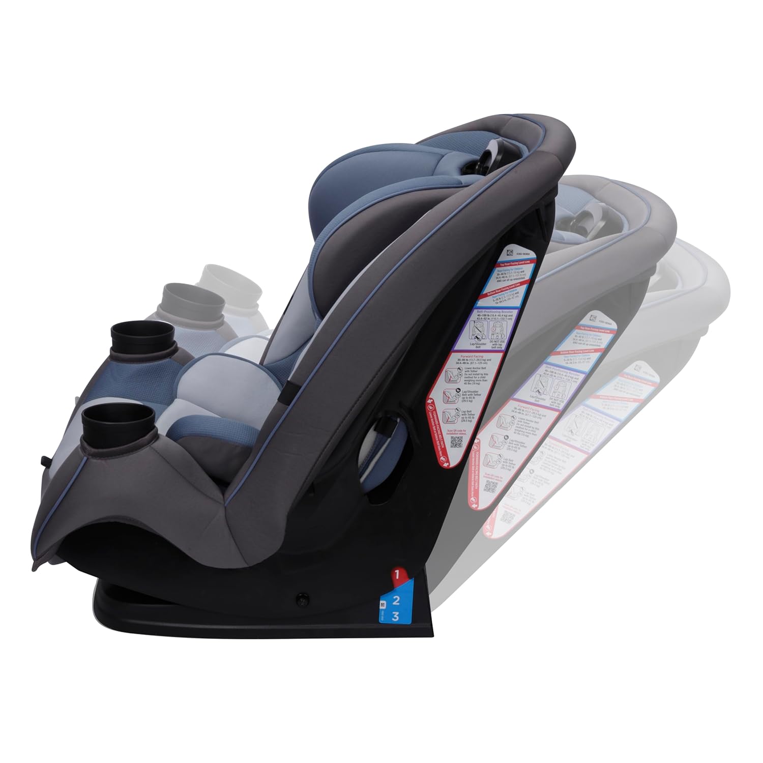 Demonstrates the different positions and angles the car seat can be adjusted to, helping parents understand how to properly install and use the product for children of different ages.