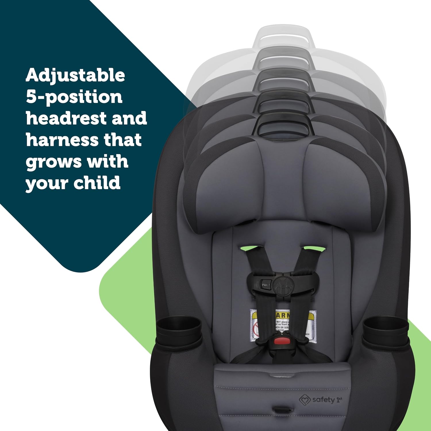Highlights the car seat's adjustable 5-position headrest and harness system that adapts as the child grows, emphasizing long-term usability and comfort.