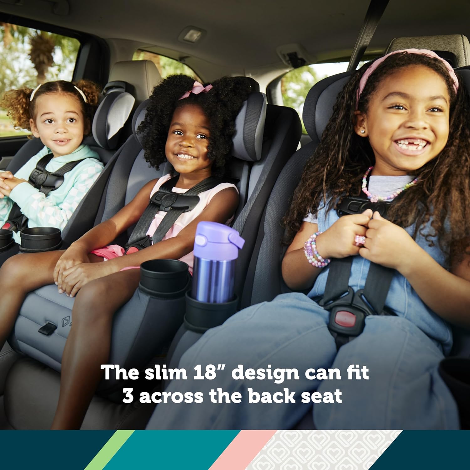 Demonstrates the car seat's slim 18" design that allows fitting 3 seats across the back seat, appealing to families with multiple children.