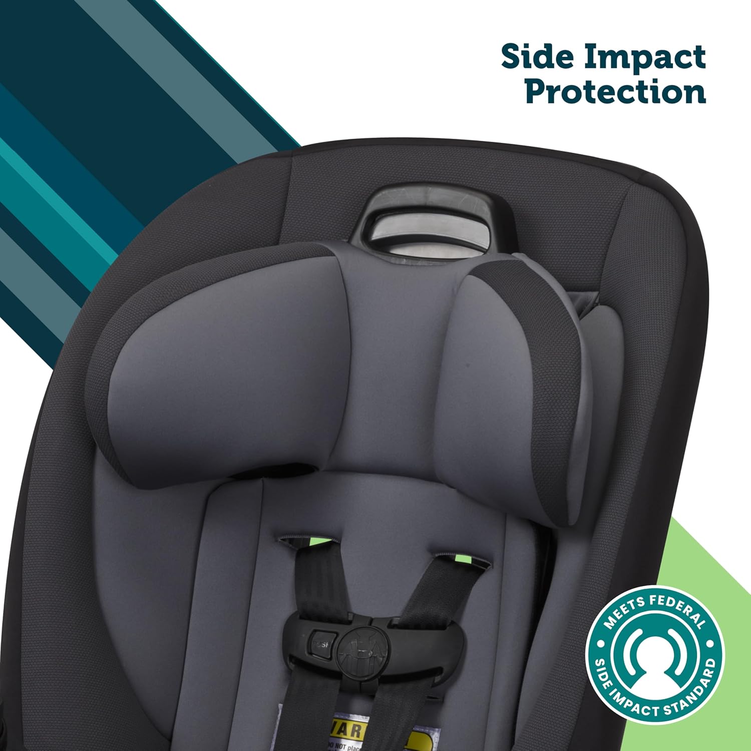 Highlights the car seat's side impact protection feature to reassure parents about their child's safety in the event of a collision.
