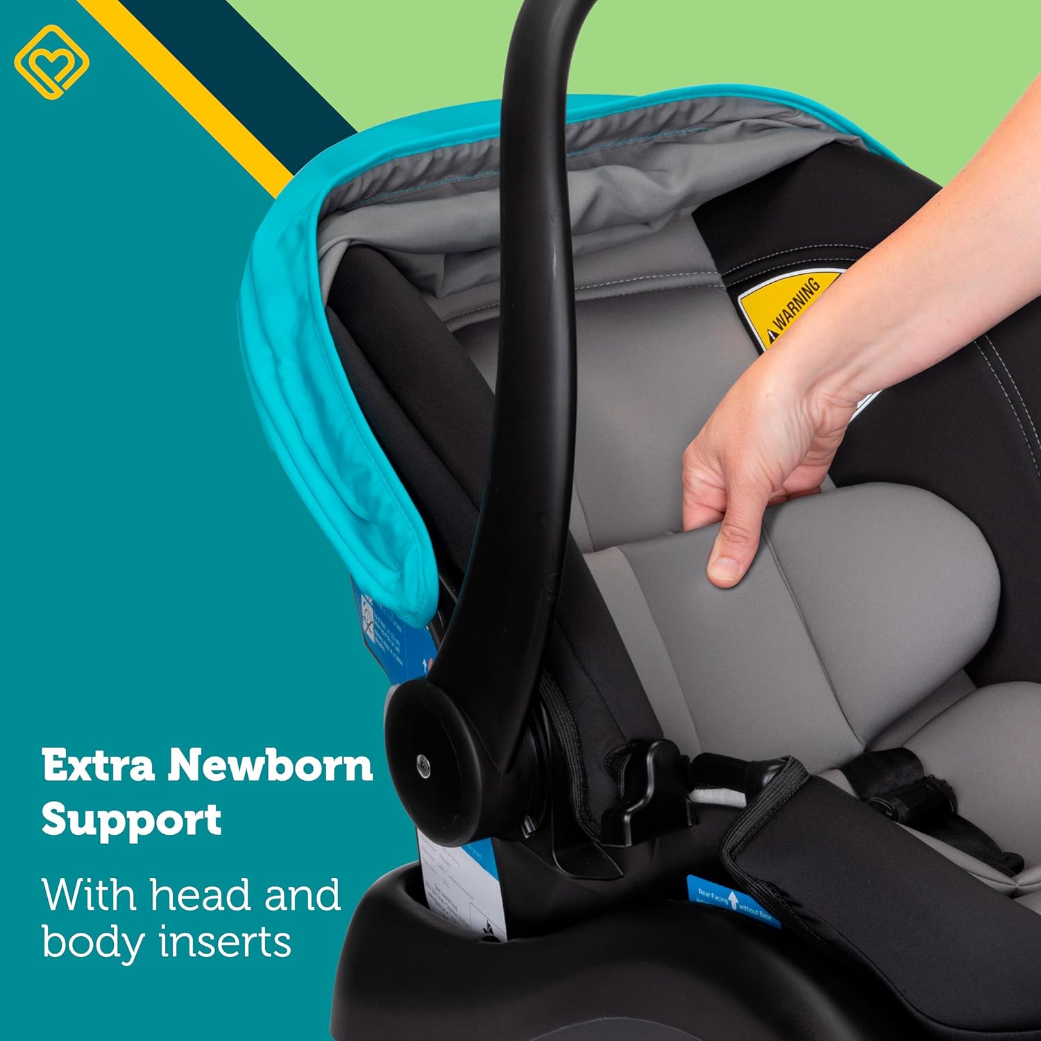 Highlights the car seat's additional support for newborns, emphasizing safety and comfort for very young babies.