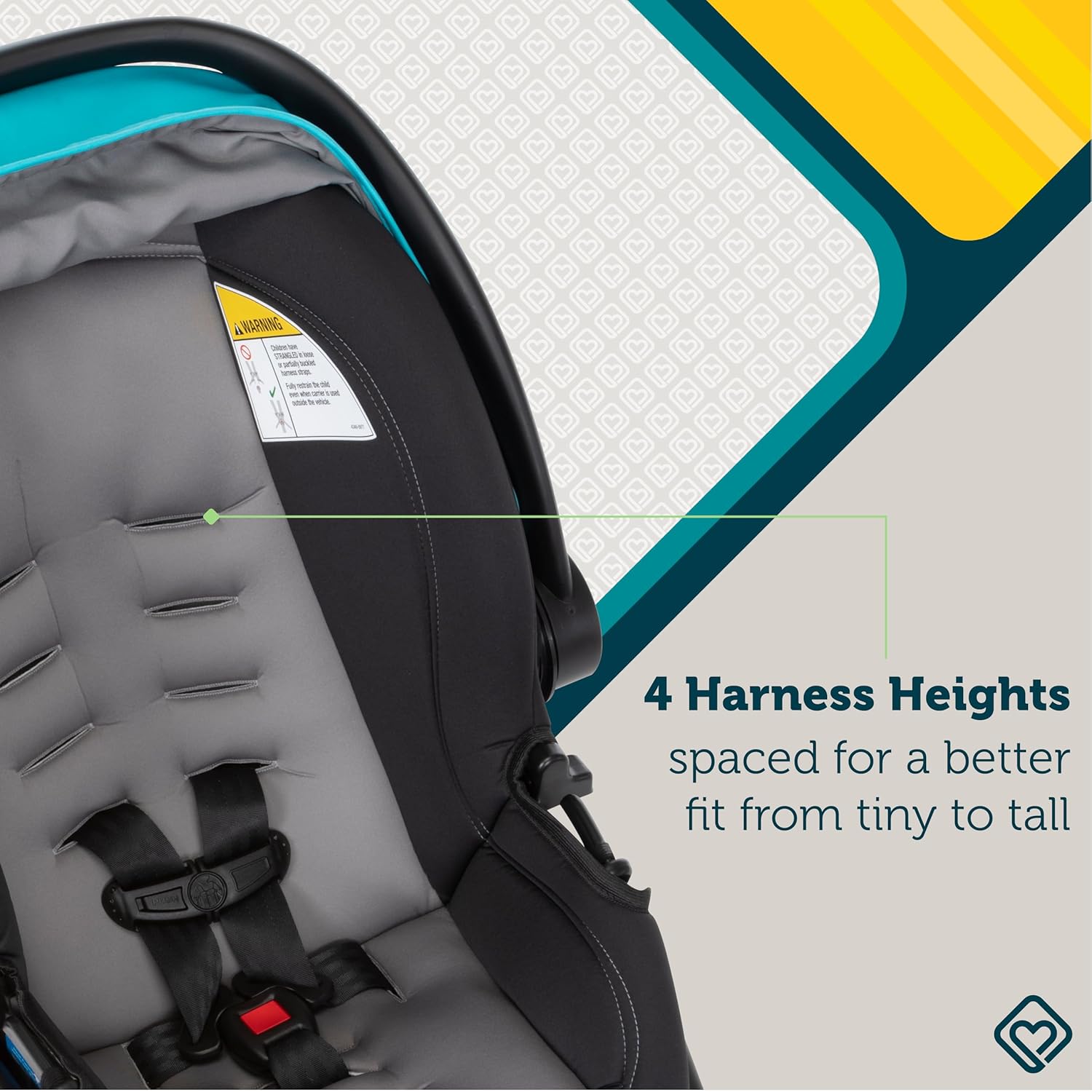 Highlights the car seat's 4 harness height positions to ensure a proper fit as the child grows.