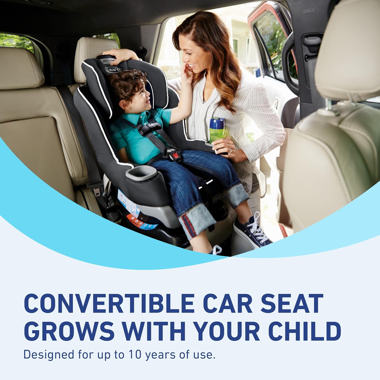 Highlights the car seat's ability to grow with the child, emphasizing its versatility and long-term value for parents.