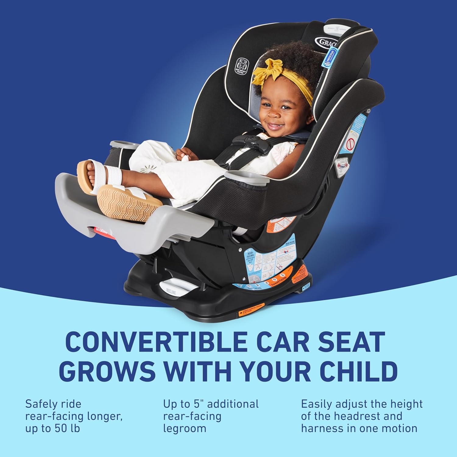Highlights the car seat's ability to grow with the child, emphasizing its long-term value and adaptability to different stages of childhood.
