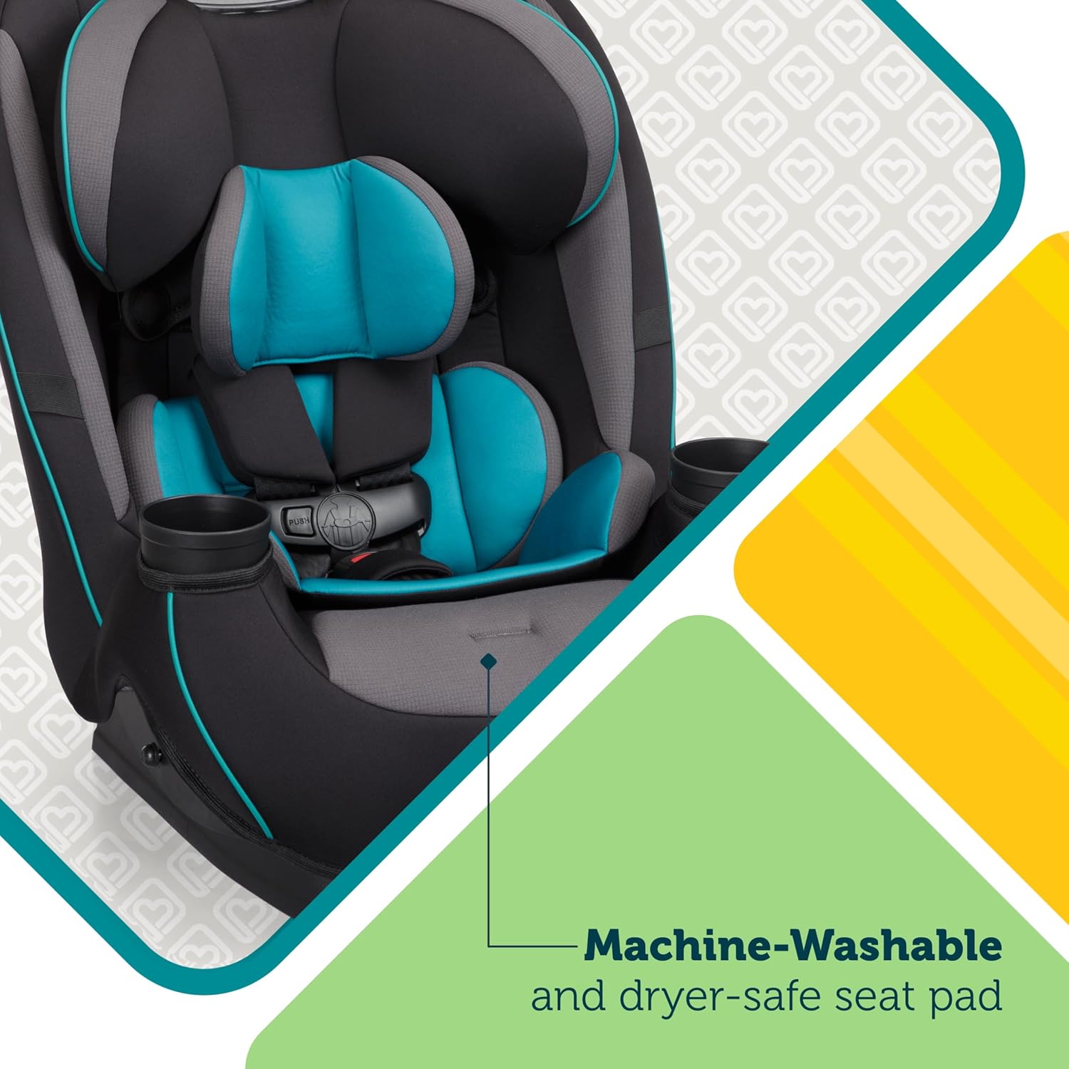 Highlights the convenience of a machine-washable and dryer-safe seat pad, emphasizing easy cleaning for parents.
