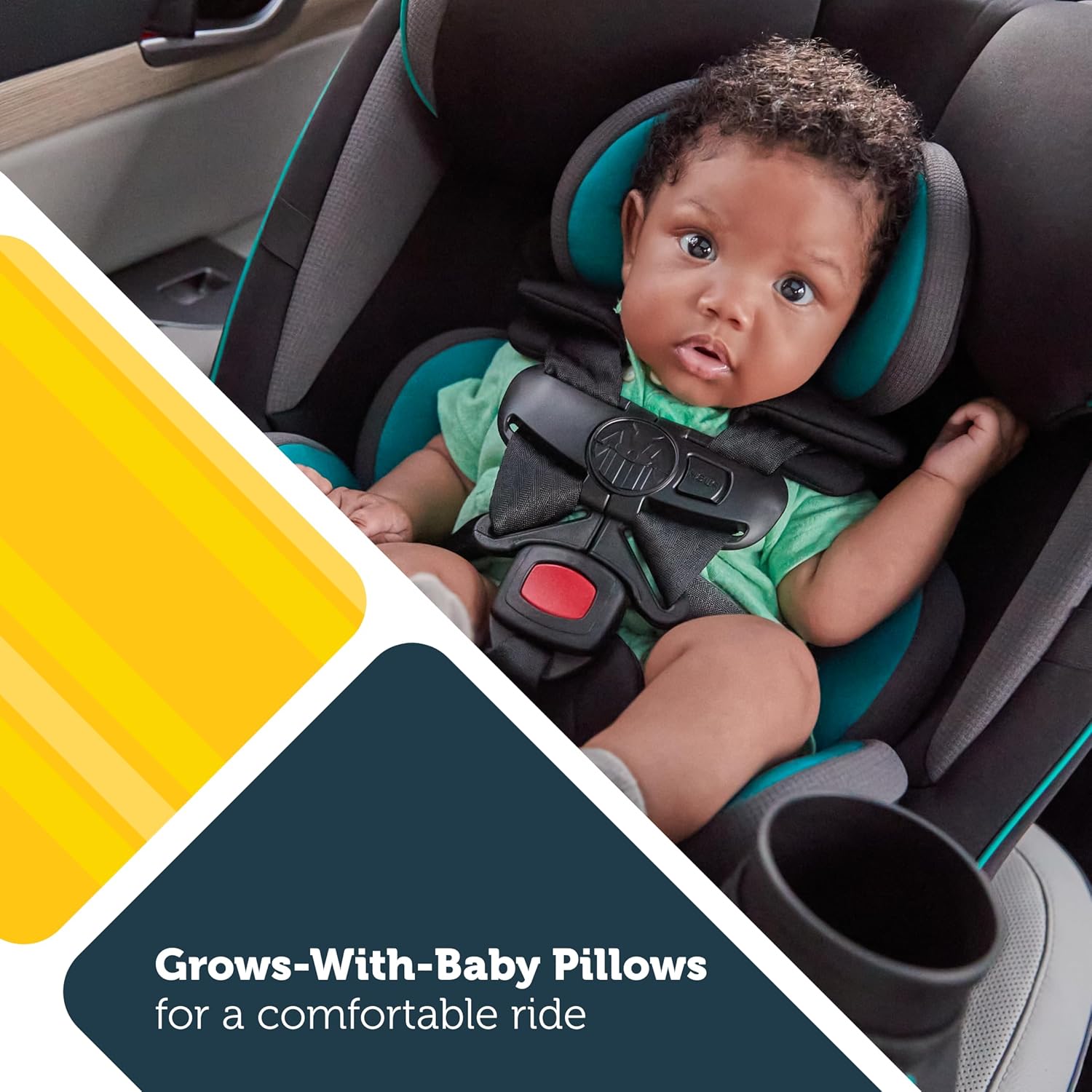 Highlights the car seat's adjustable pillows that provide comfort as the child grows, reassuring parents of long-term value and comfort for their child.