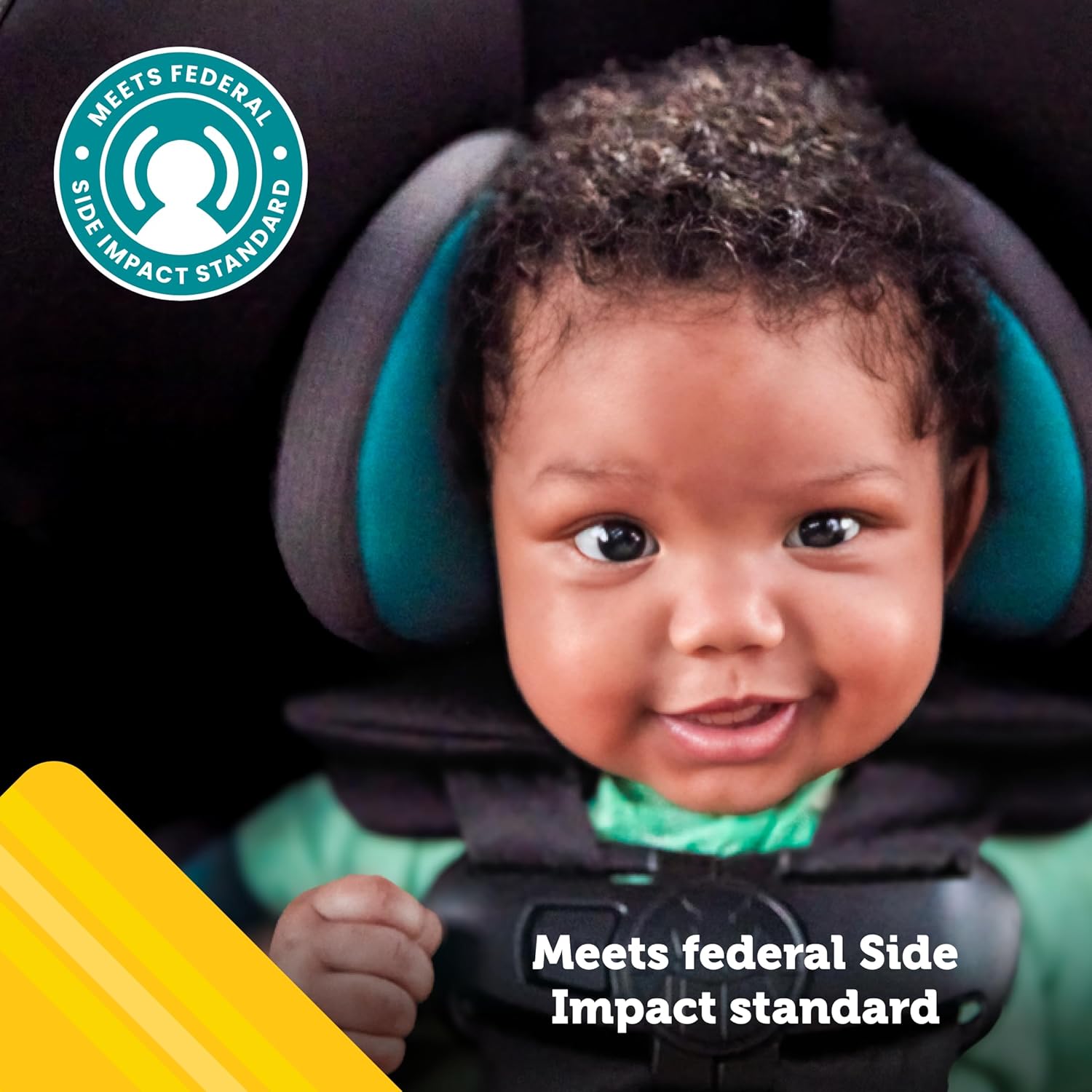 Highlights that the car seat meets federal safety standards for side impact protection, reassuring parents about the product's safety credentials.
