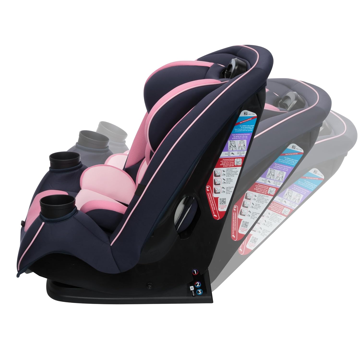 Demonstrates the different reclining positions of the car seat to show its versatility and ease of use for different ages/sizes of children.