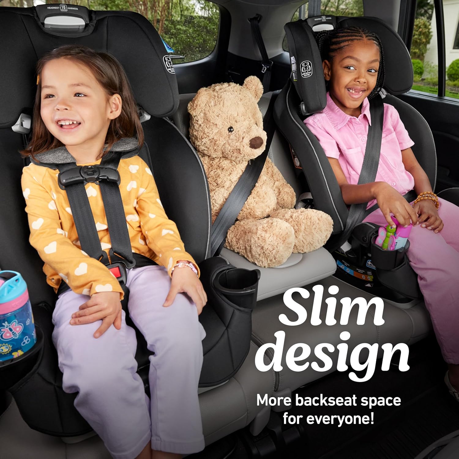 Highlights the car seat's slim design to show how it provides more backseat space for passengers and items.