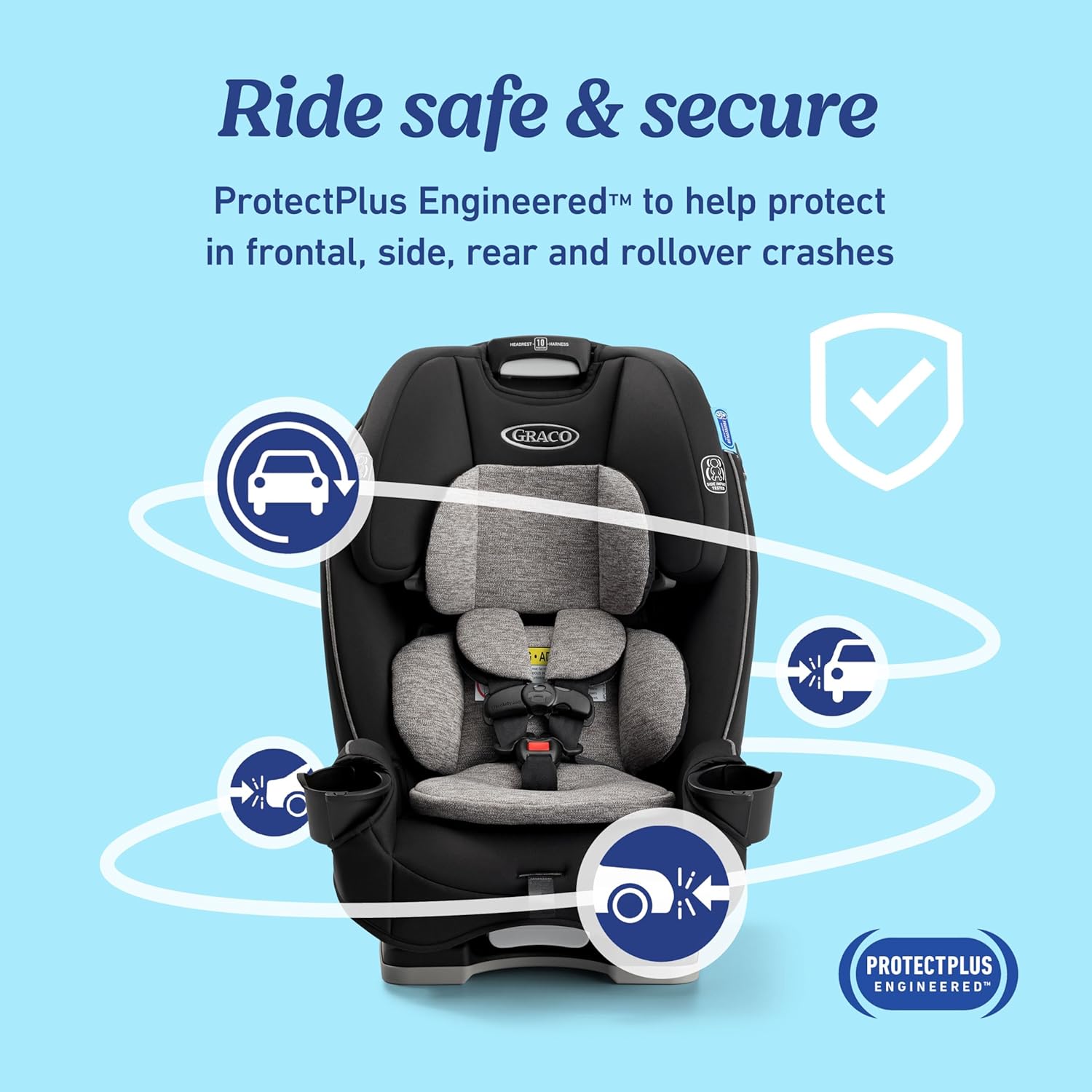 Highlights the car seat's ability to protect in various types of crashes, reassuring parents about their child's safety.