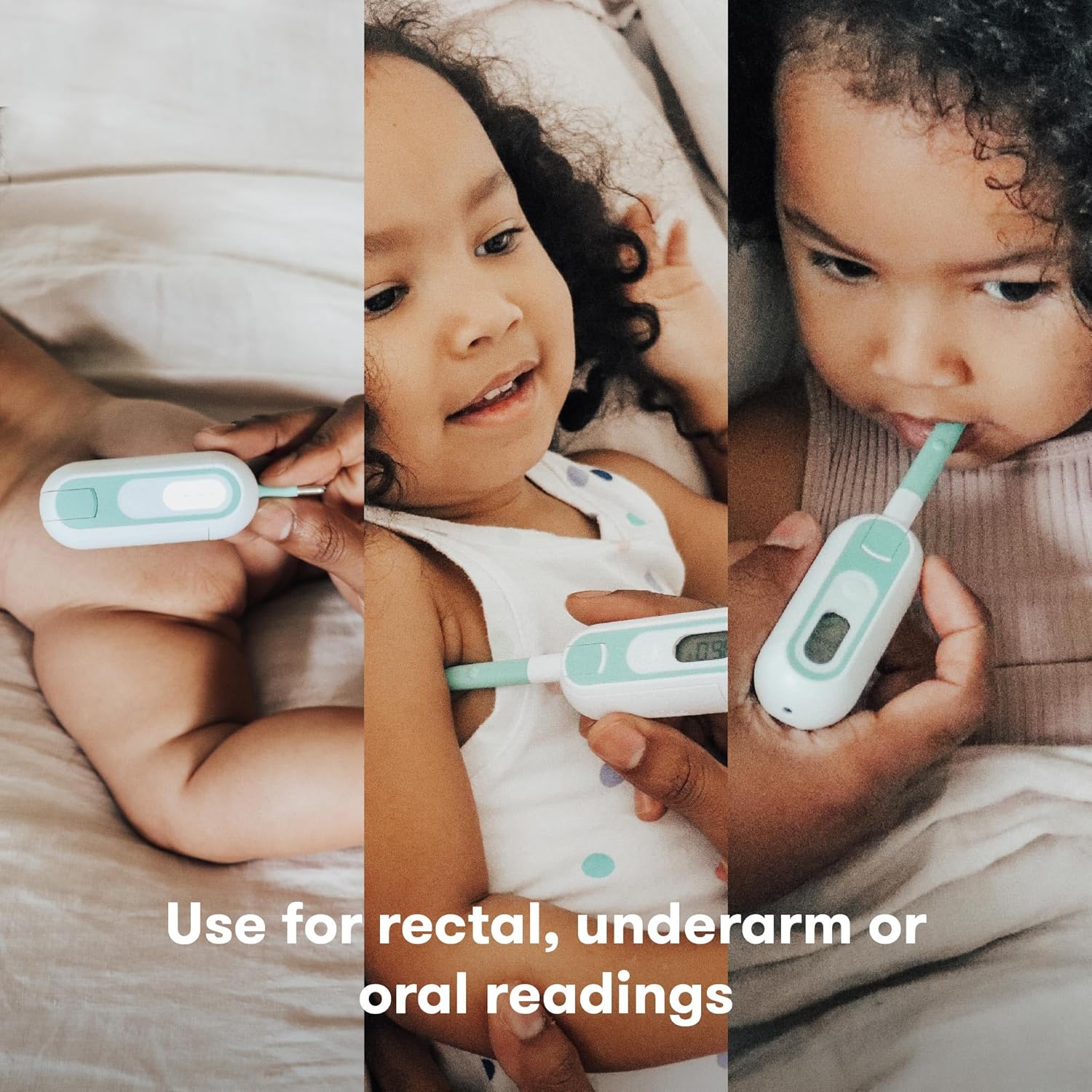 Demonstrates the versatility of the thermometer by showing it can be used for rectal, underarm, or oral temperature readings on children.