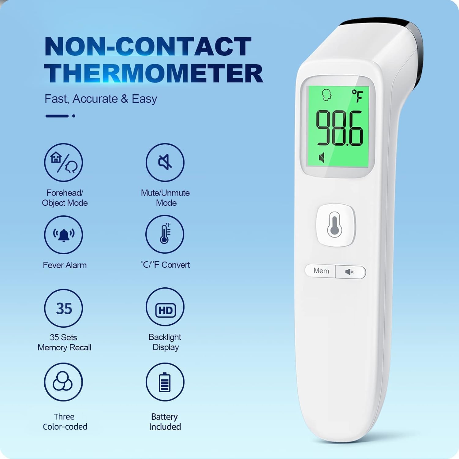 Highlights the key features and benefits of the non-contact thermometer, emphasizing its ease of use, accuracy, and versatility.