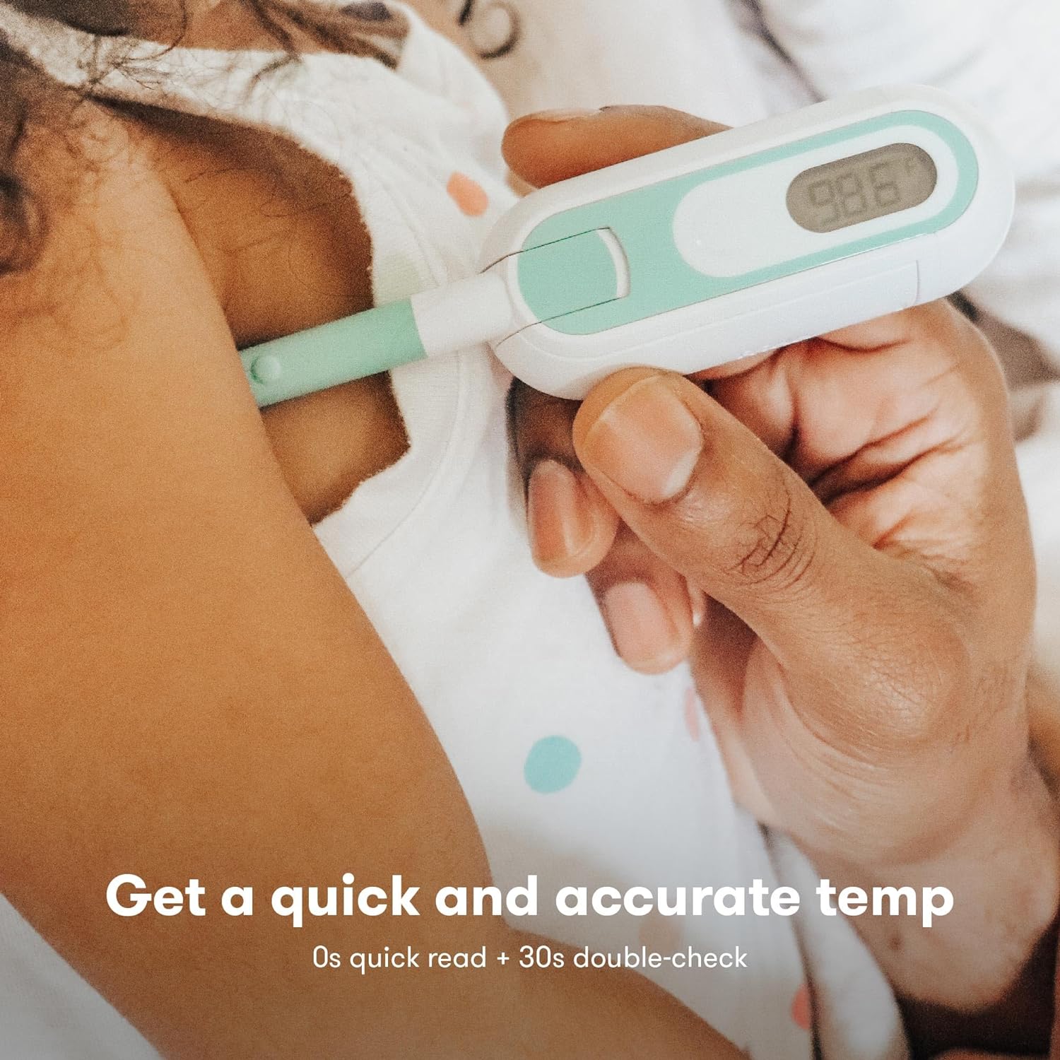 Highlights the thermometer's ability to provide a fast and precise temperature measurement, emphasizing its ease of use for parents.