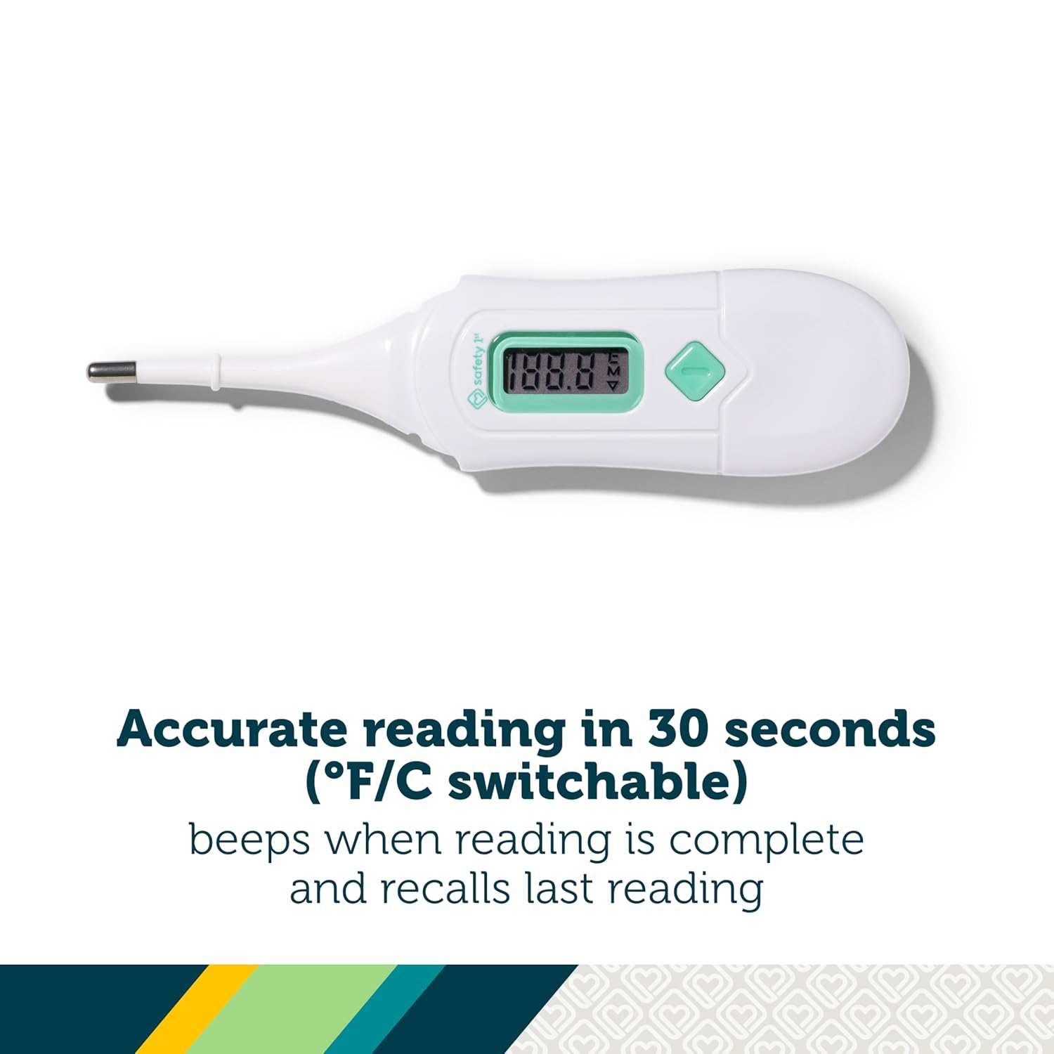 Highlights the thermometer's ability to provide an accurate reading in 30 seconds, with switchable units and recall of last reading.
