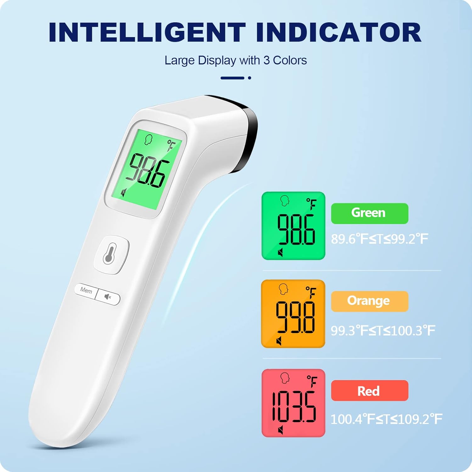 Highlights the product's intelligent temperature display feature with color-coded indicators for easy interpretation of readings.