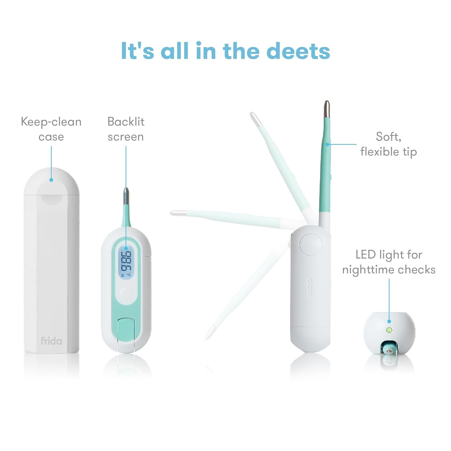 Highlights the key features and components of the digital thermometer to showcase its design and functionality.