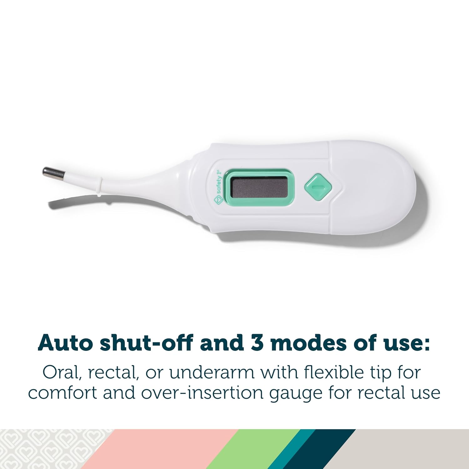 Highlights the thermometer's versatility and safety features for different types of temperature readings.
