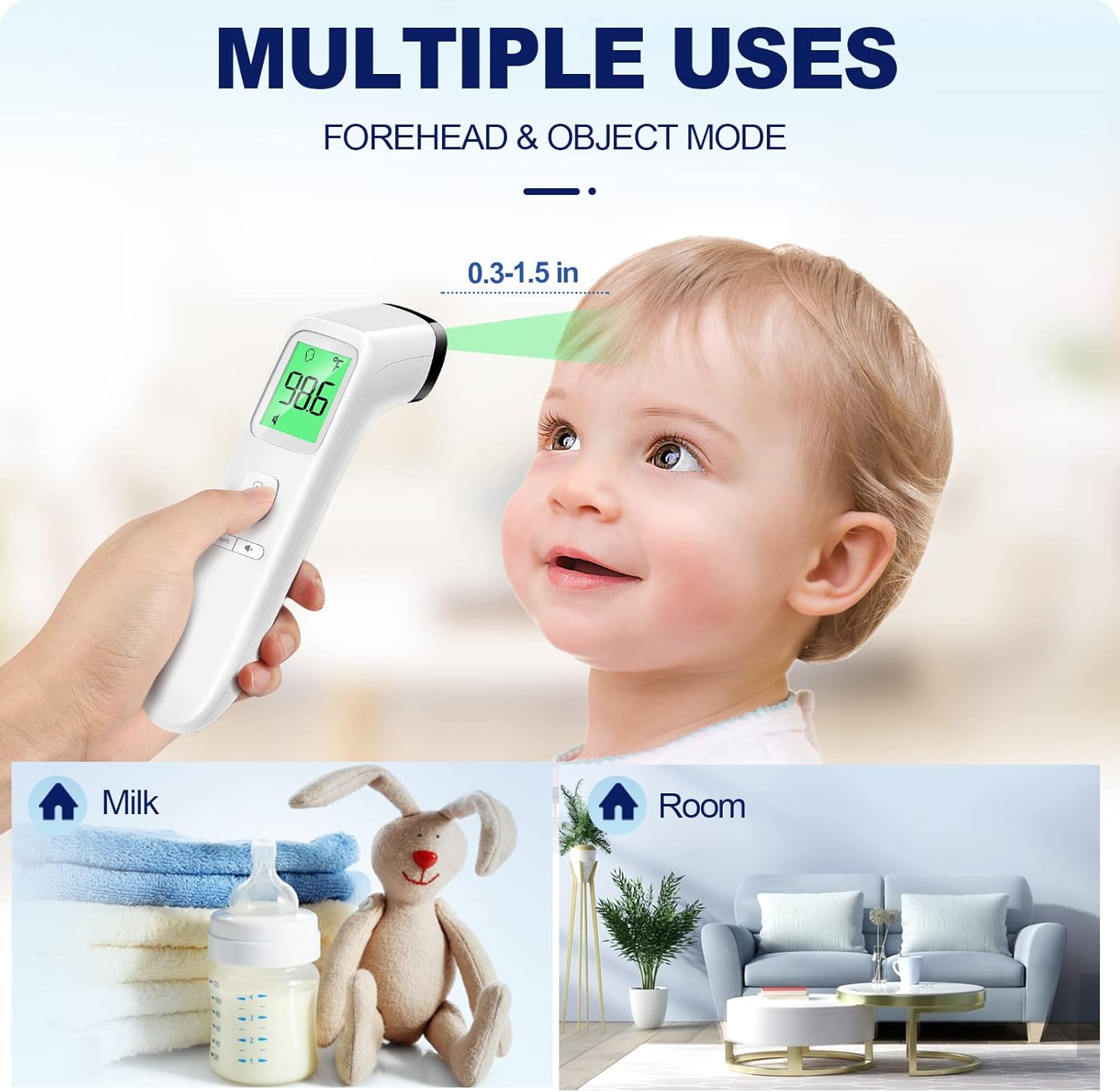 Demonstrates the versatility of the thermometer for measuring temperature of people, objects, and rooms.