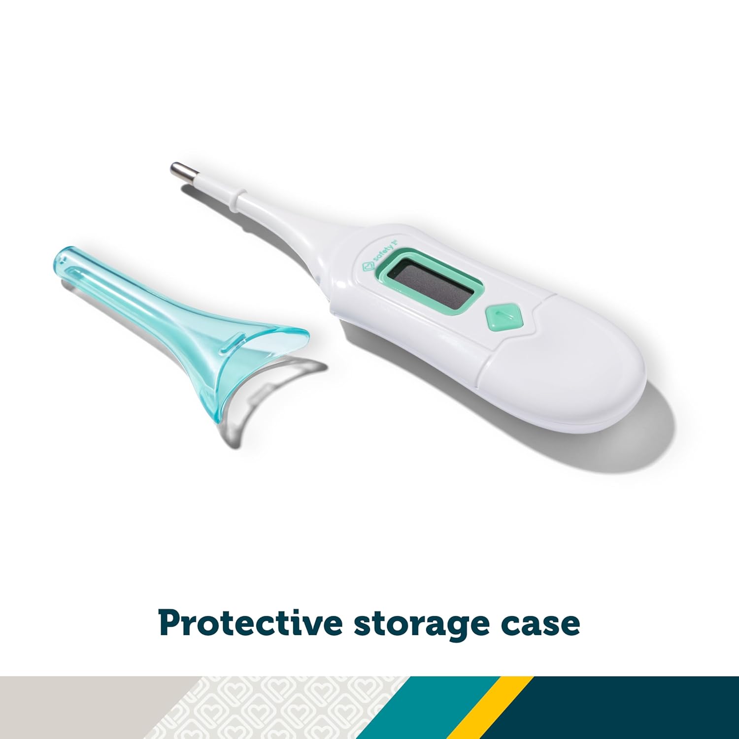 Shows that the thermometer comes with a protective case for safe storage and transport.