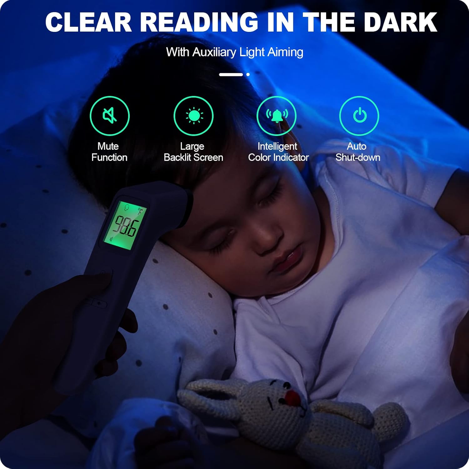 Highlights multiple features of the thermometer that make it easy to use in dark conditions, emphasizing its convenience for nighttime temperature checks.