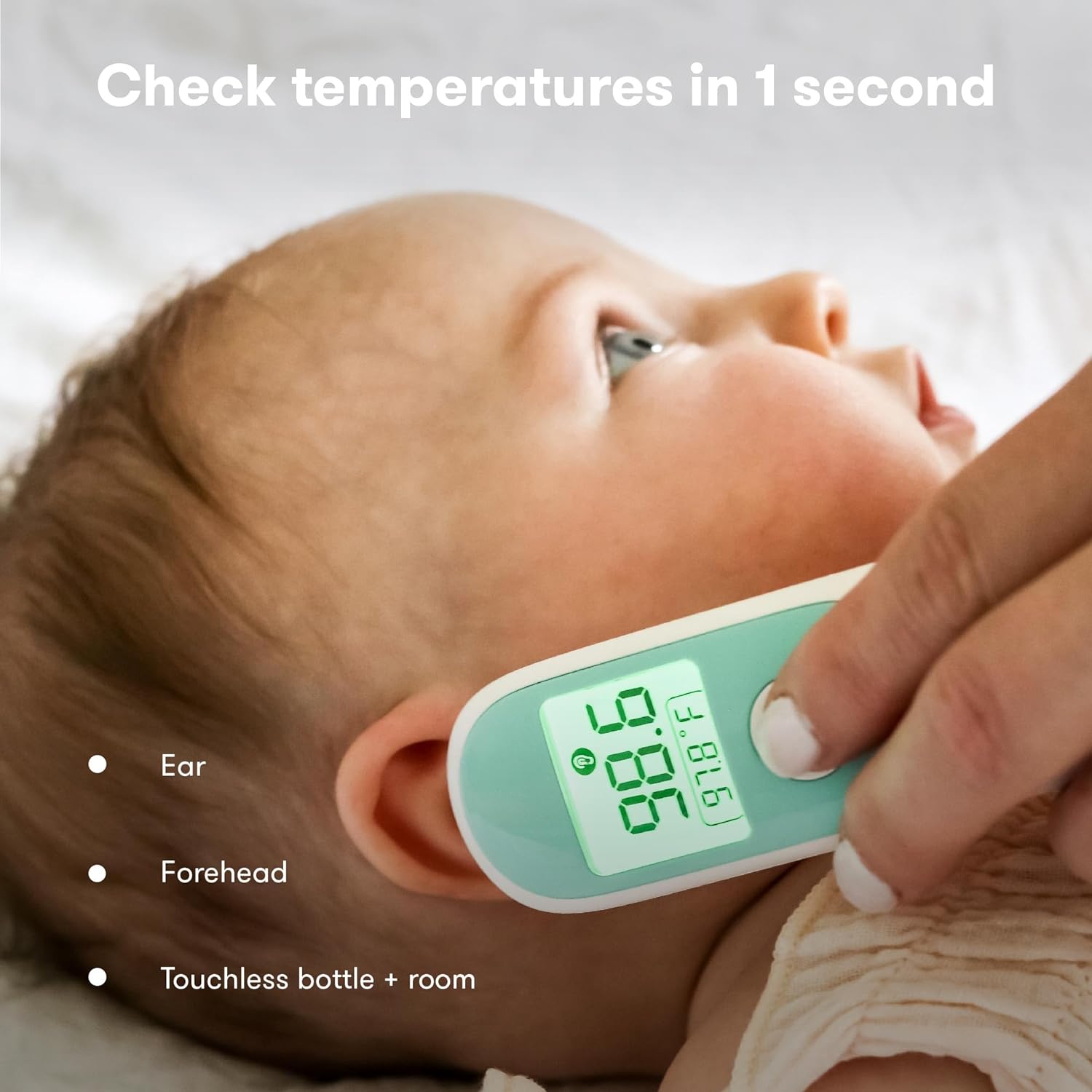 Highlights the product's ability to check temperatures in 1 second, emphasizing its speed and convenience for parents. Demonstrates the various ways to use the thermometer, including ear, forehead,…