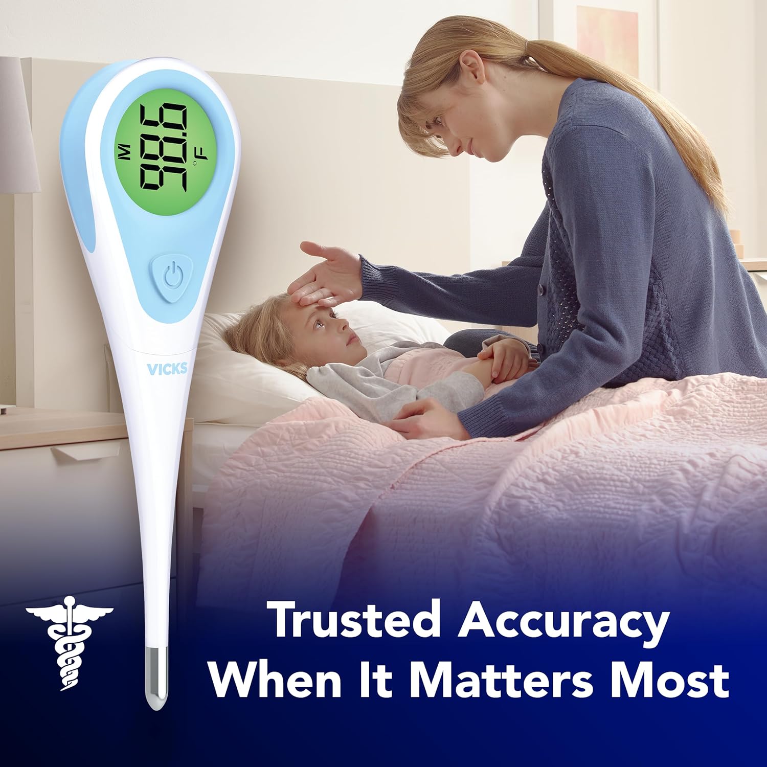 Emphasizes the thermometer's trusted accuracy for measuring temperature, especially important when caring for a sick child.