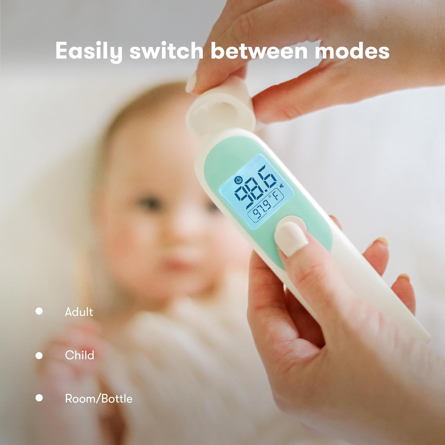 Demonstrates the ease of switching between different temperature measurement modes for adults, children, and room/bottle temperatures.
